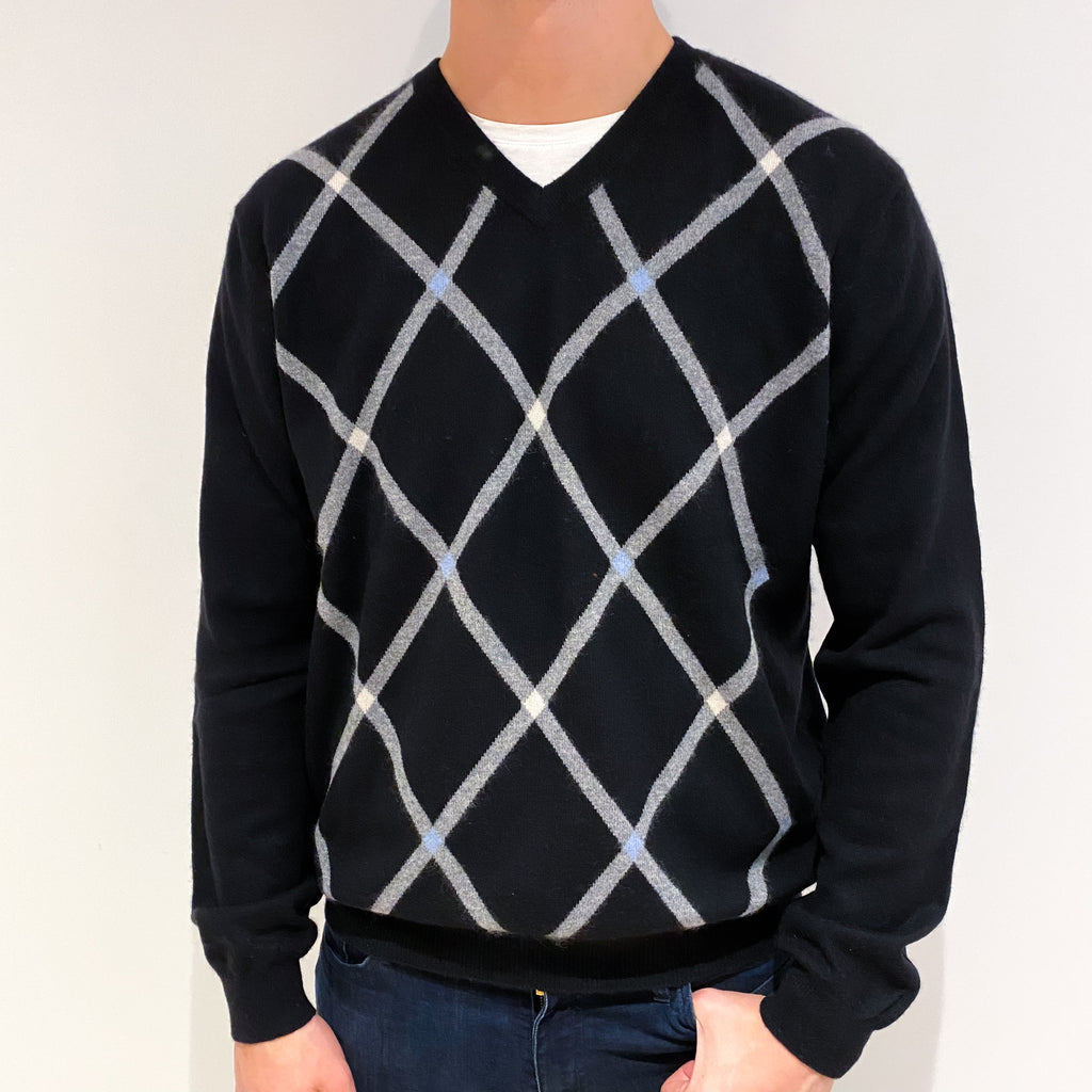 Men's Black Patterned Cashmere V Neck Jumper XL