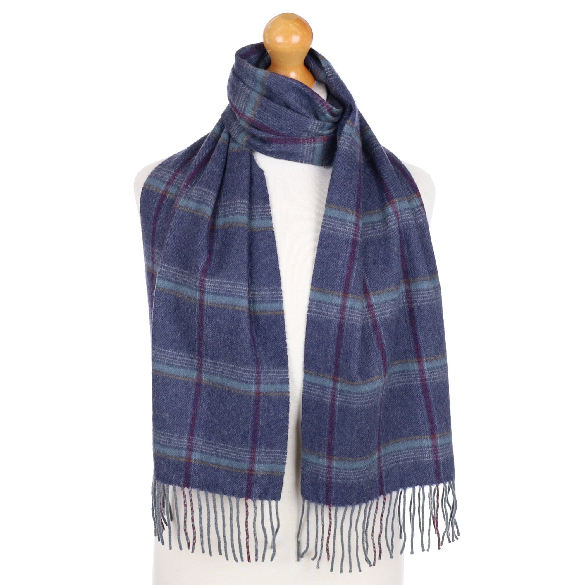 Naval Blue and Mulberry Checked Cashmere Fringed Woven Scarf