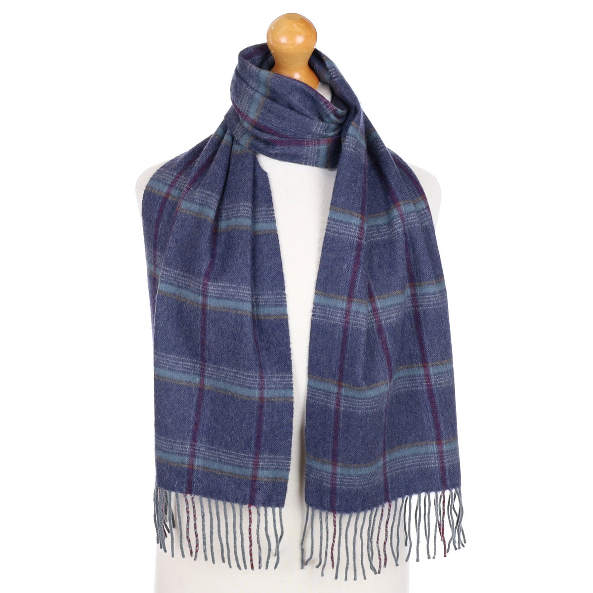 Naval Blue and Mulberry Checked Cashmere Fringed Woven Scarf