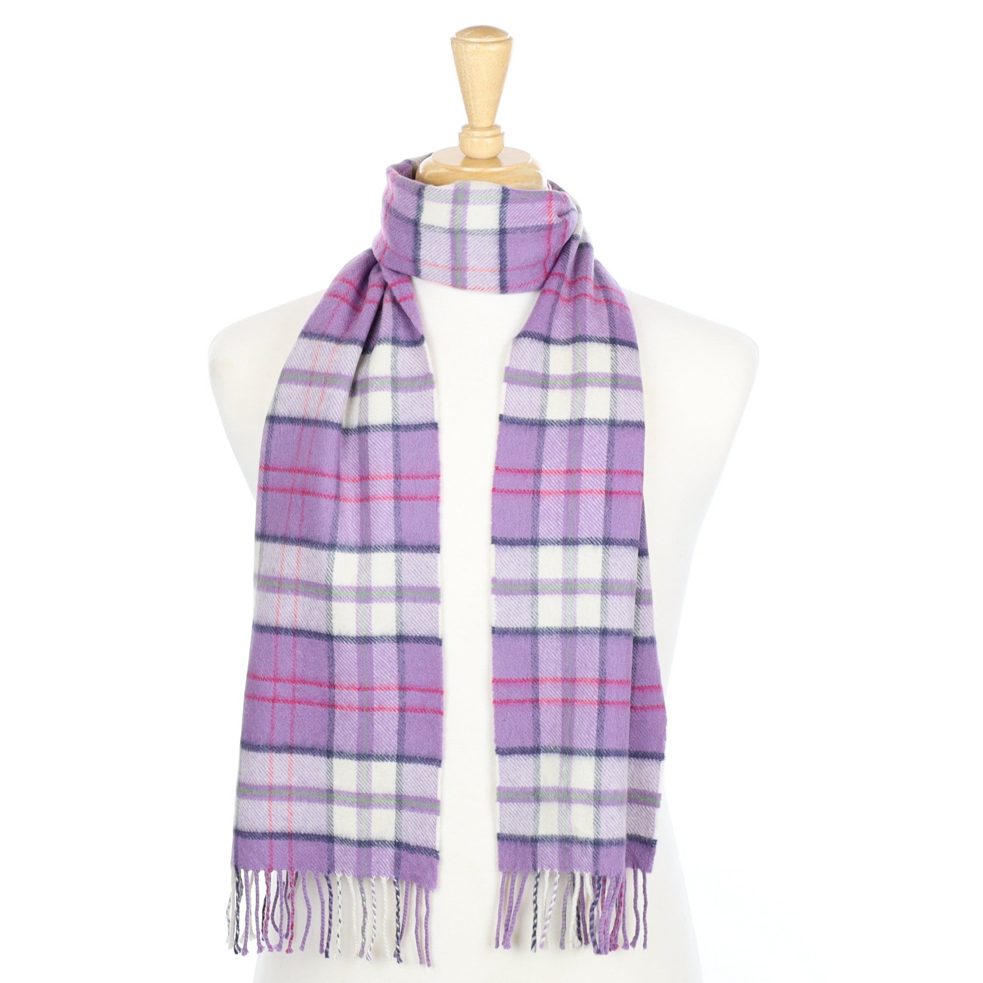 Lavender and Cream Checked Cashmere Fringed Woven Scarf