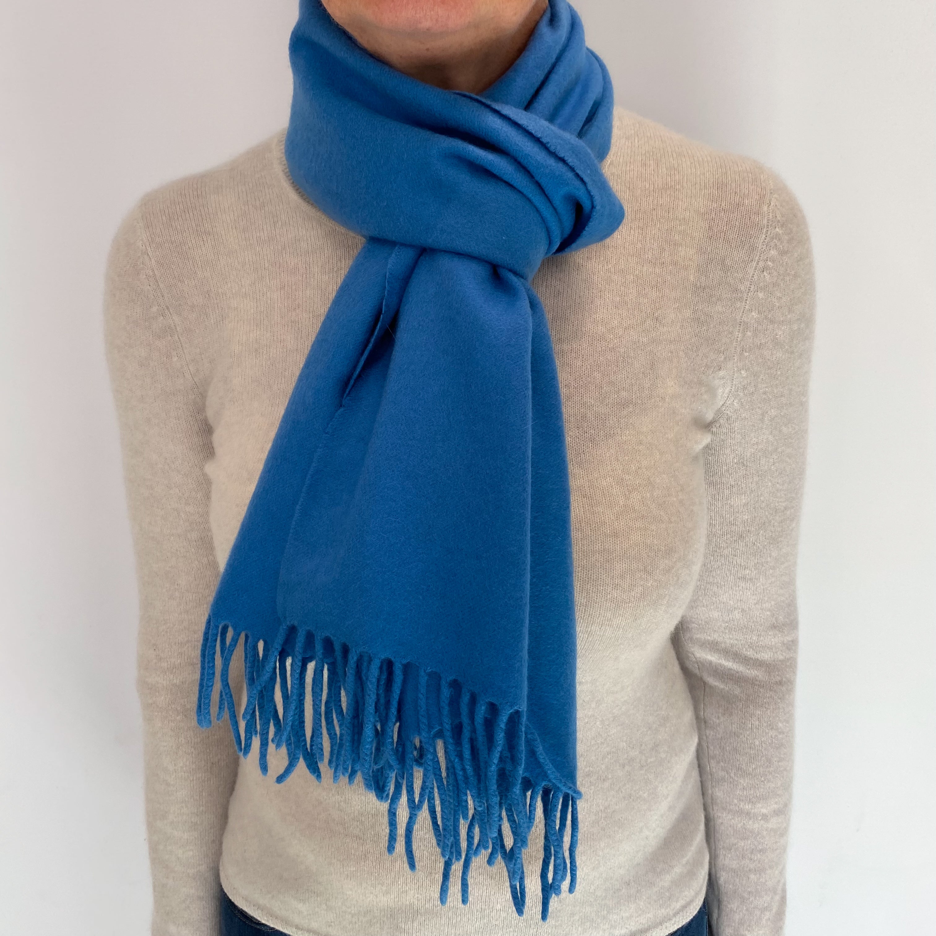 Tanzanite Blue Cashmere Woven Fringed Scarf