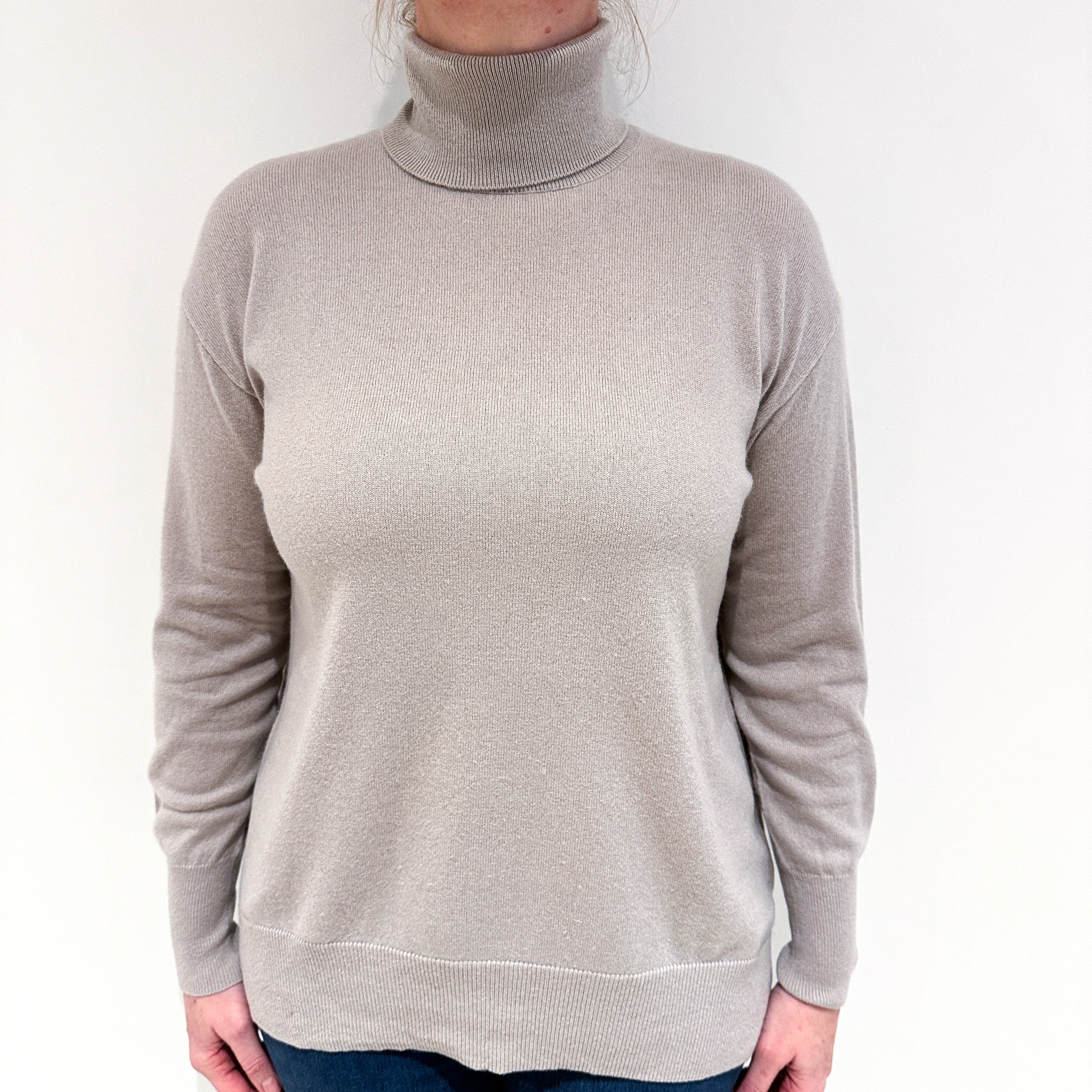 Oyster Grey Cashmere Polo Neck Jumper Large