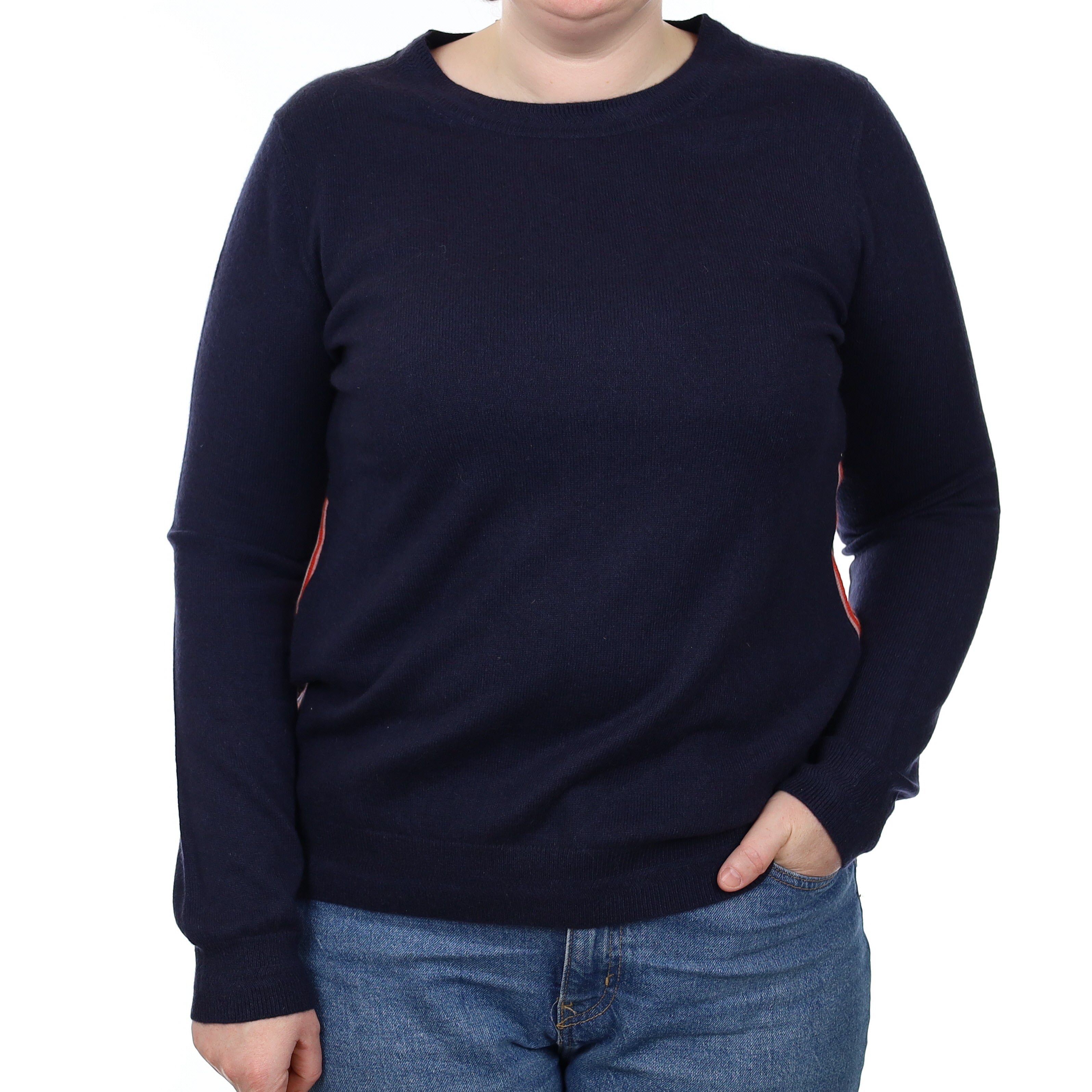 Navy with Orange Stripes Cashmere Crew Neck Jumper Large