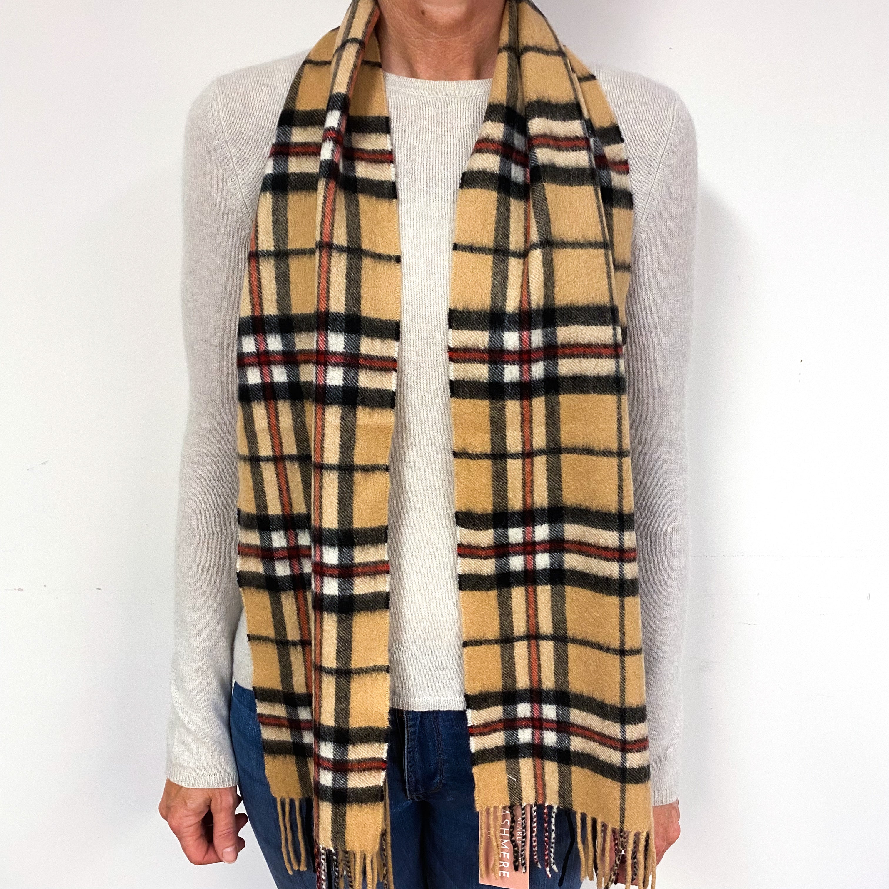 Red, Black and Camel Brown Tartan Fringed Cashmere Woven Scarf