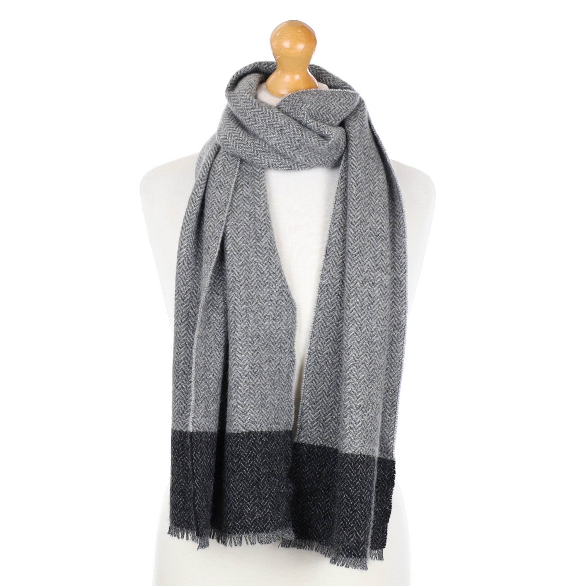 Ash Grey Herringbone Cashmere Fringed Woven Scarf