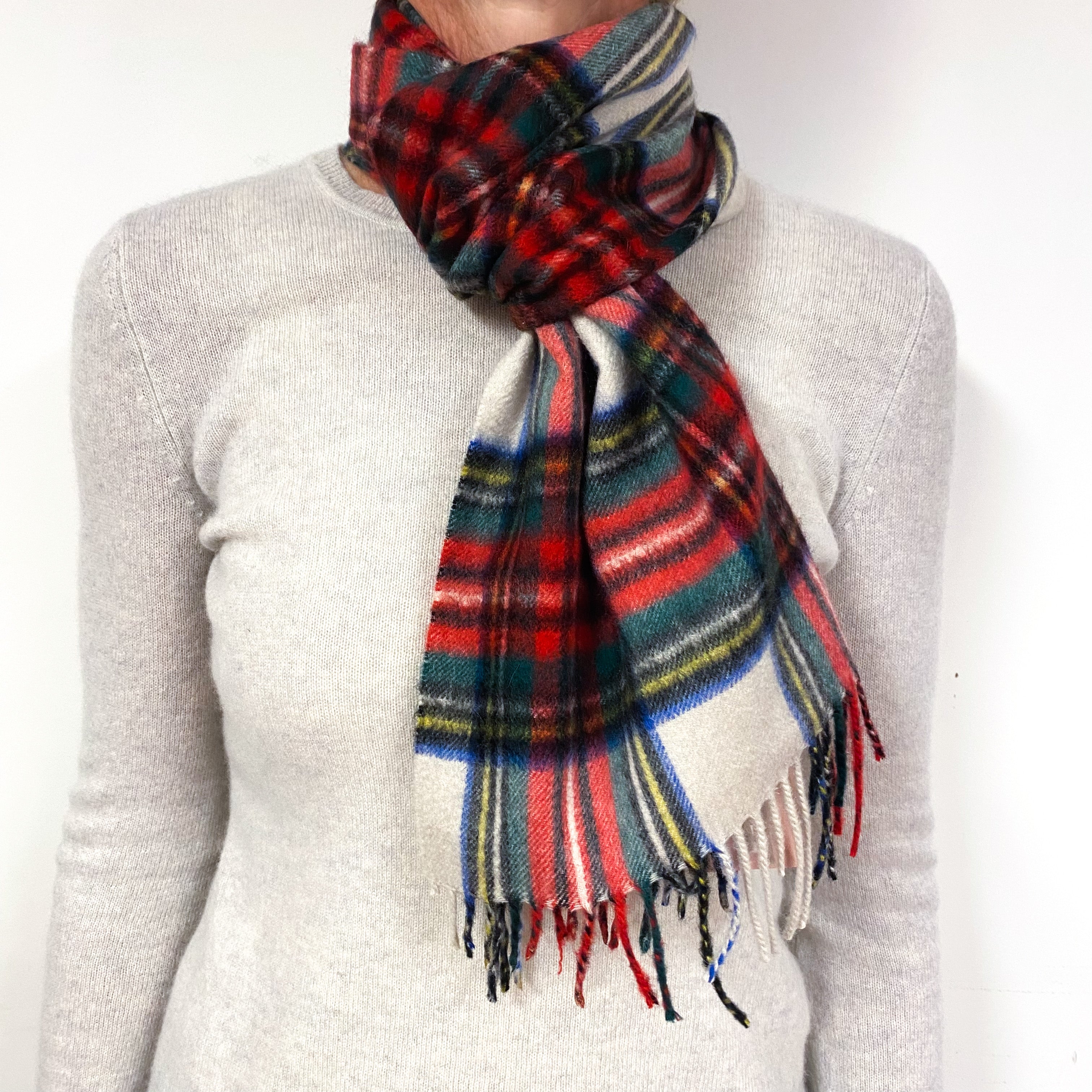 Ivory Red and Green Fringed Cashmere Woven Scarf