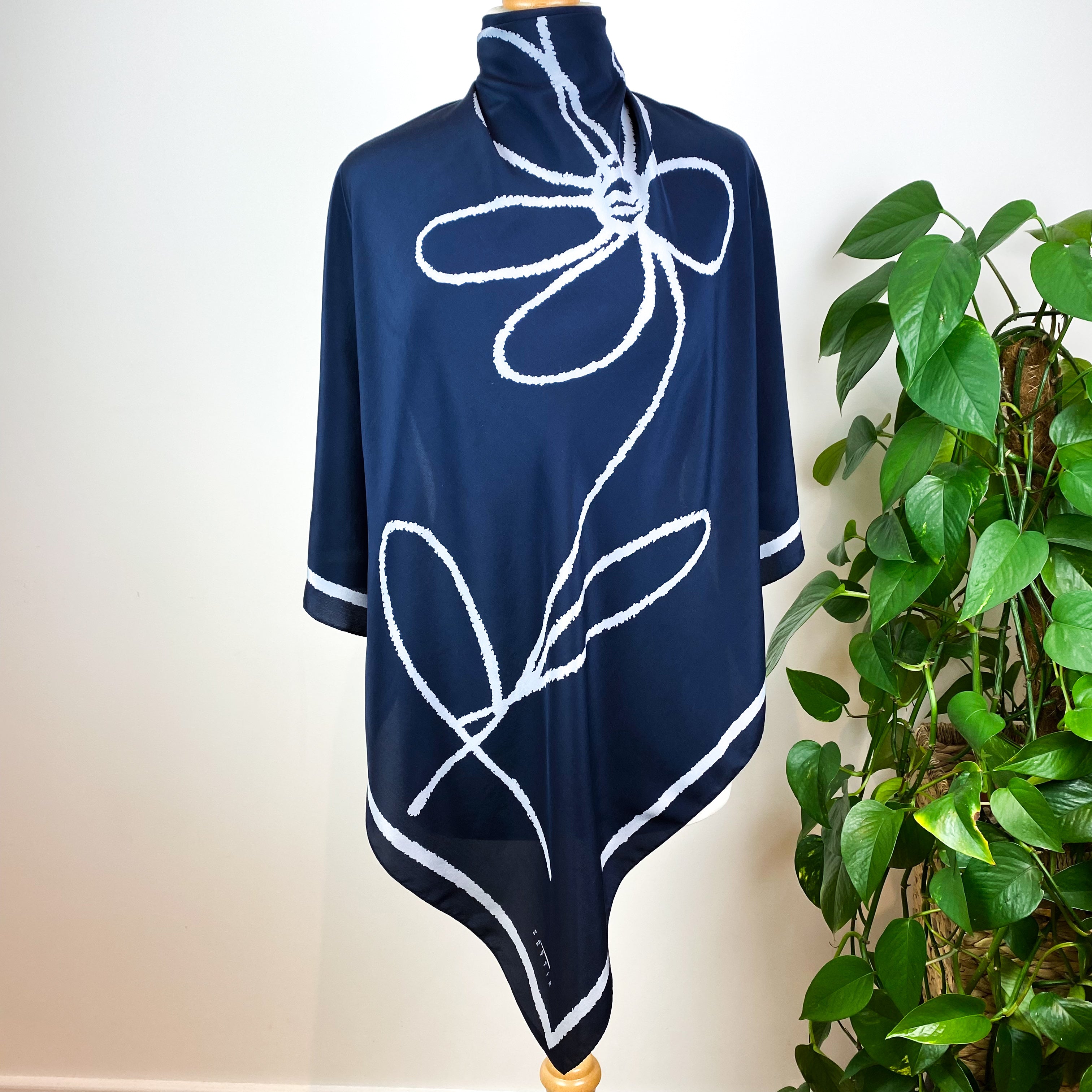 Striking Navy Flower Silk Scarf