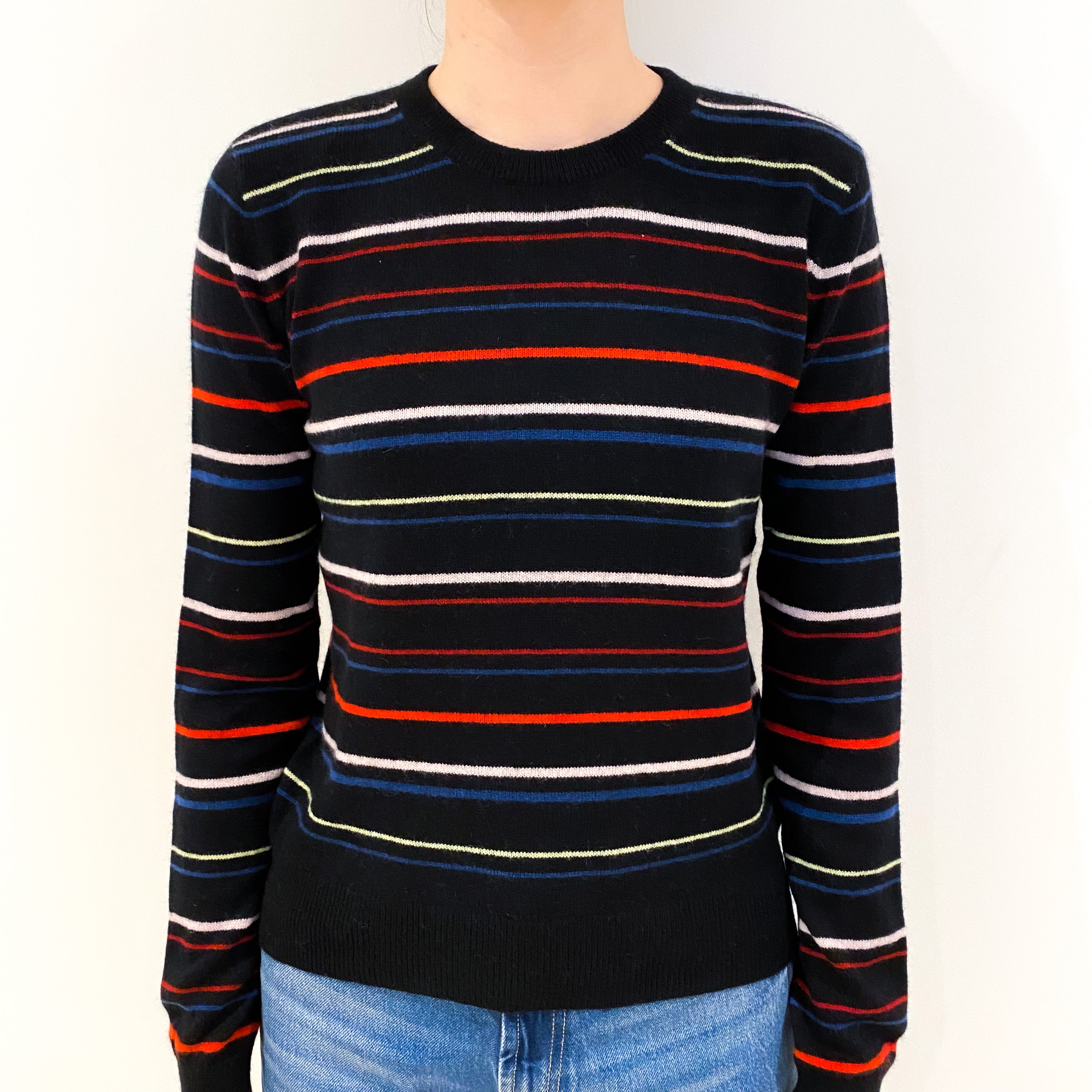 Black Striped Cashmere Crew Neck Jumper Extra Small