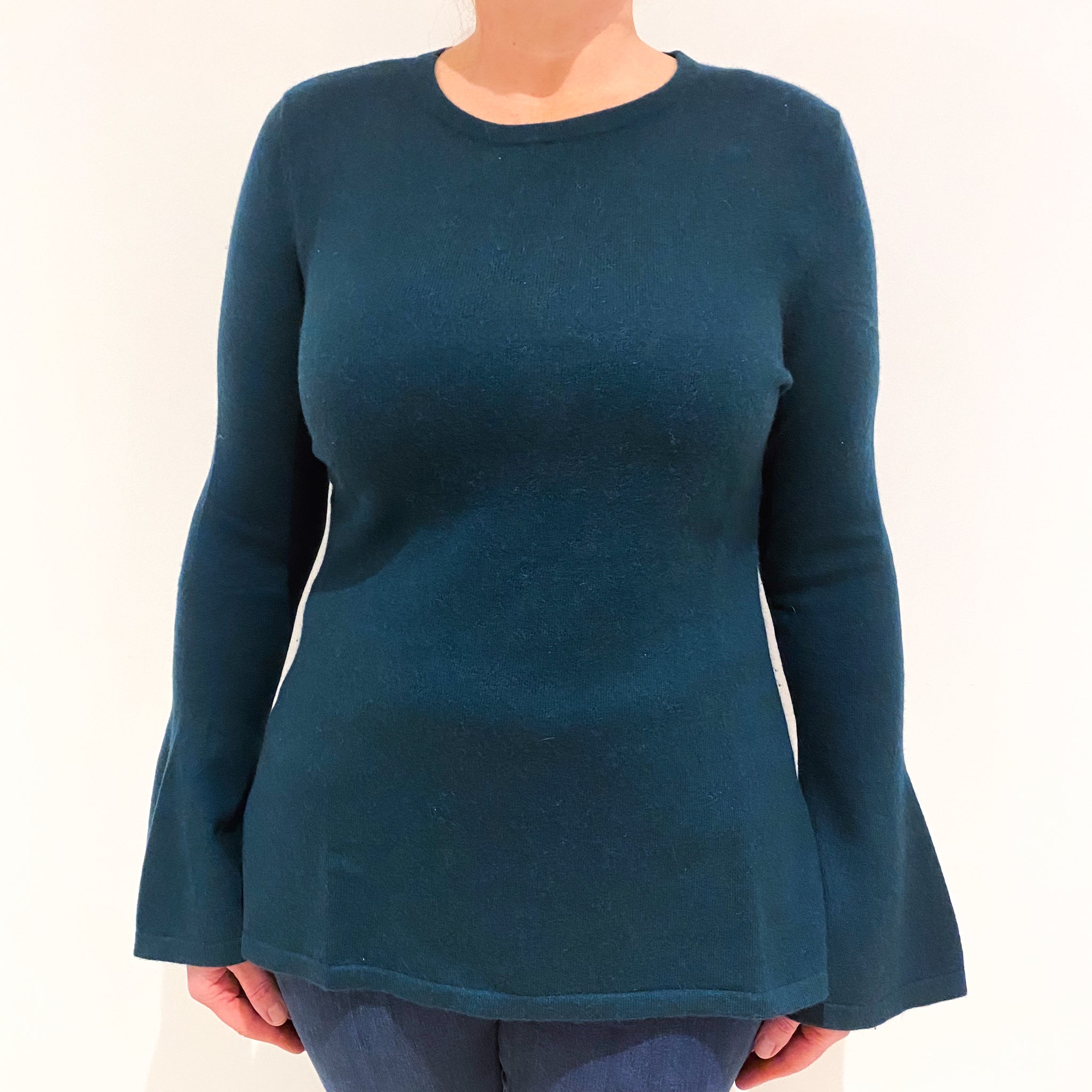 Bottle Green Bell Sleeved Cashmere Longline Crew Neck Jumper Large