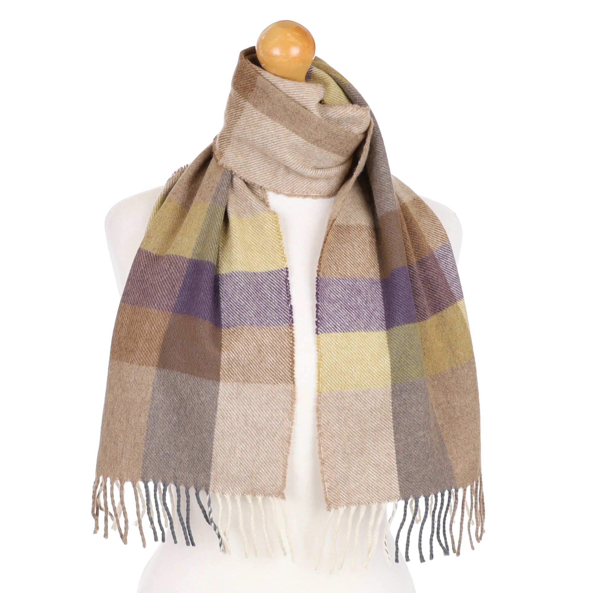 Toffee and Amethyst Check Cashmere Tasselled Woven Scarf