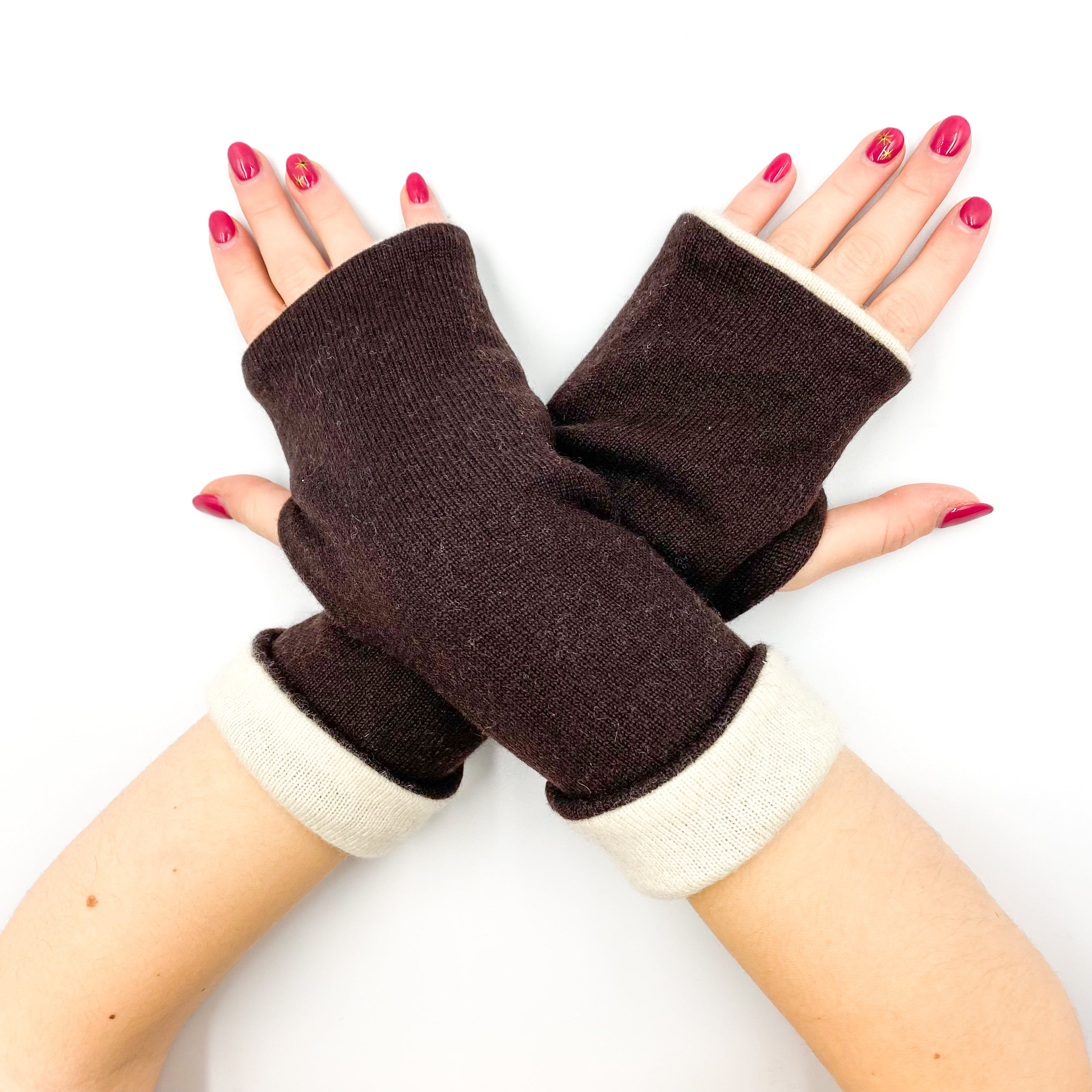 Bitter Chocolate and Cream Luxury Reversible Cashmere Fingerless Gloves