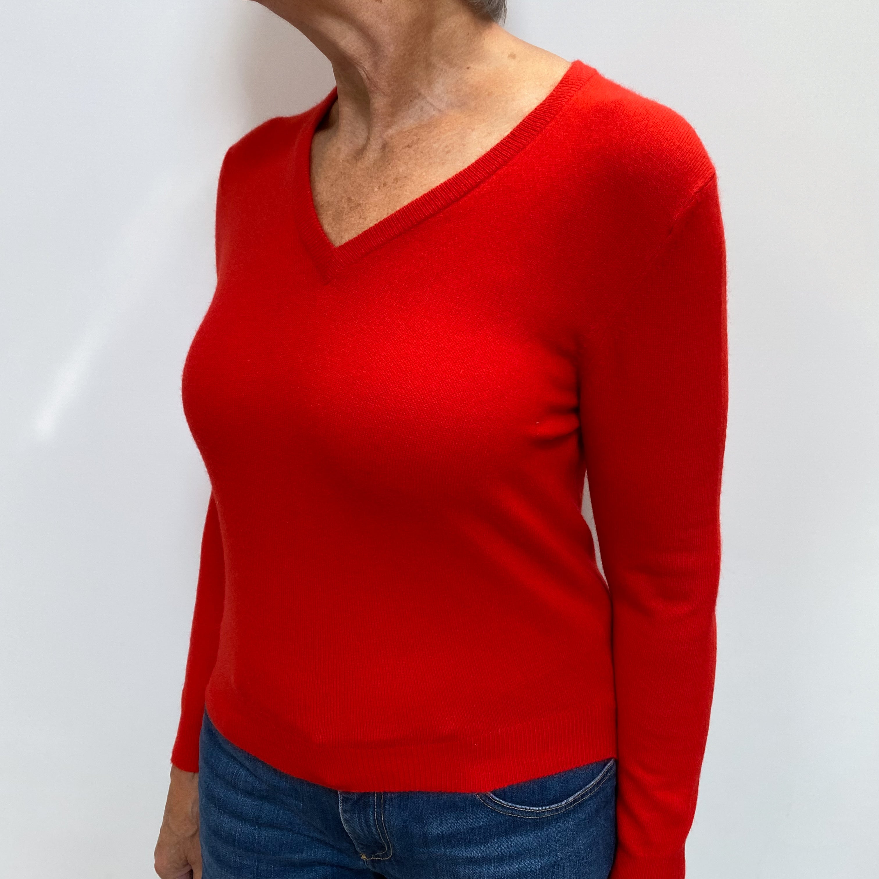 Vintage Vermillion Red Cashmere V Neck Jumper Medium