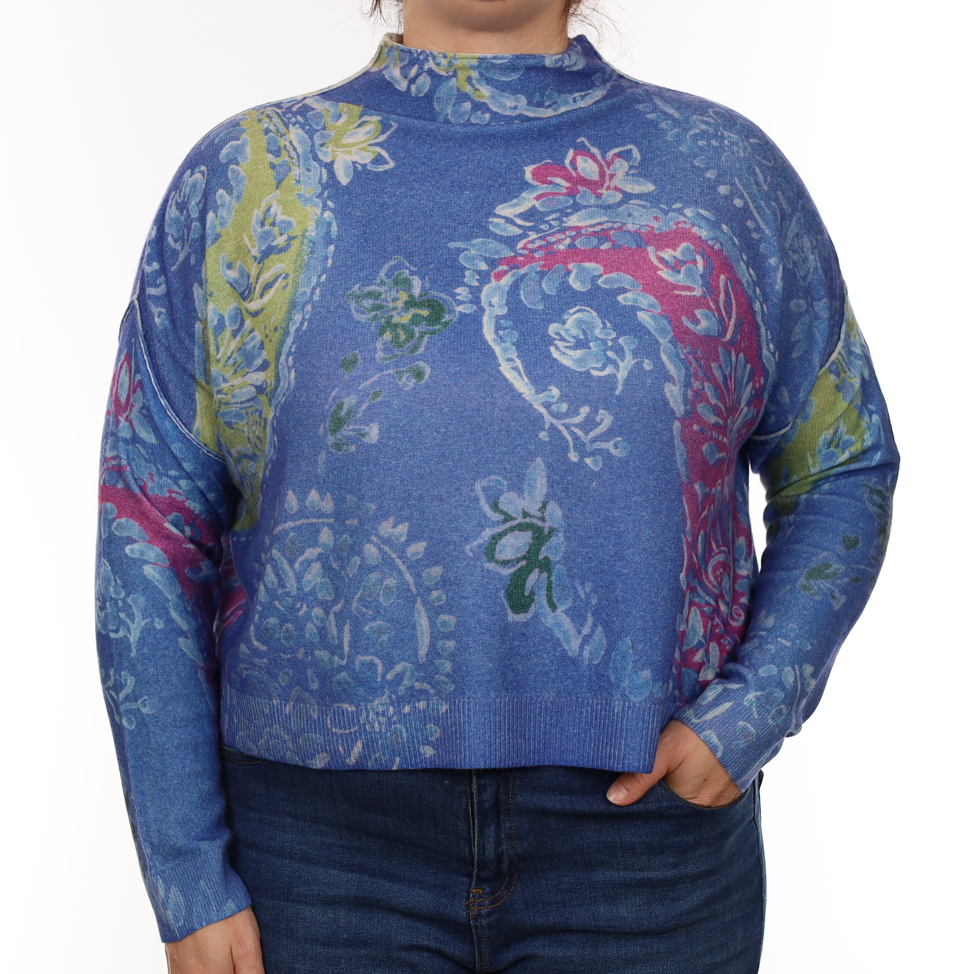 Blue and Pink Paisley Cashmere Cropped Funnel Neck Jumper Large