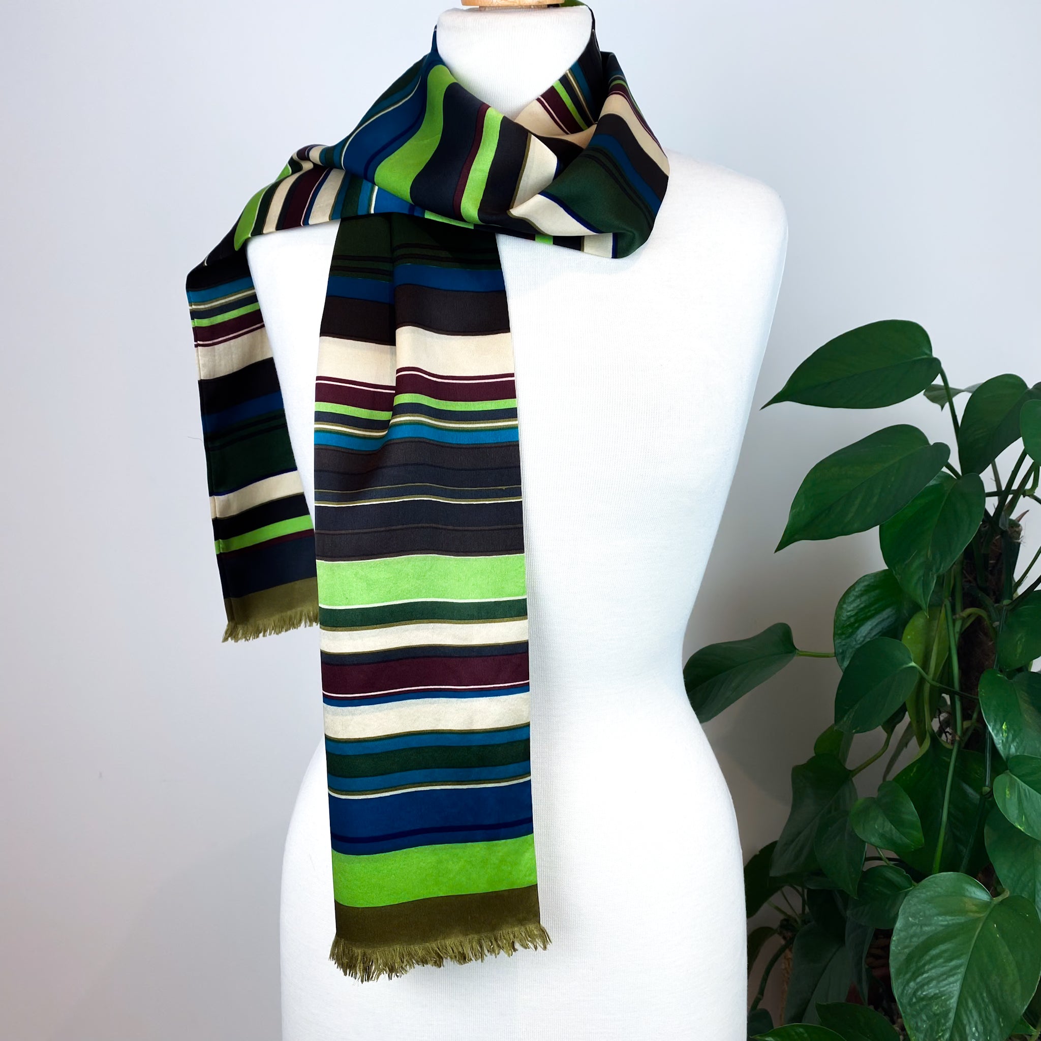 1970’s Long Striped Fringed Vintage Silk Scarf
