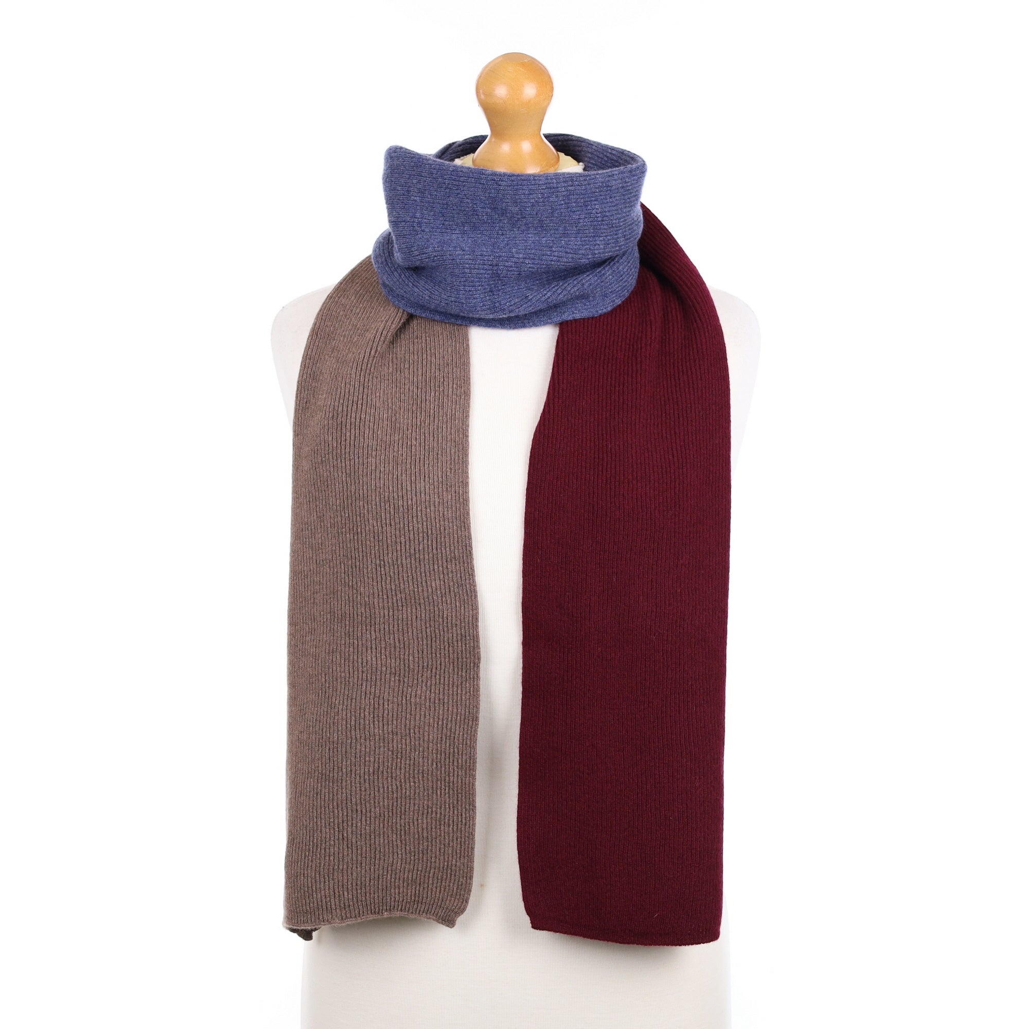 Brand New Scottish Deep Denim Mulberry and Mocha Cashmere Ribbed Scarf