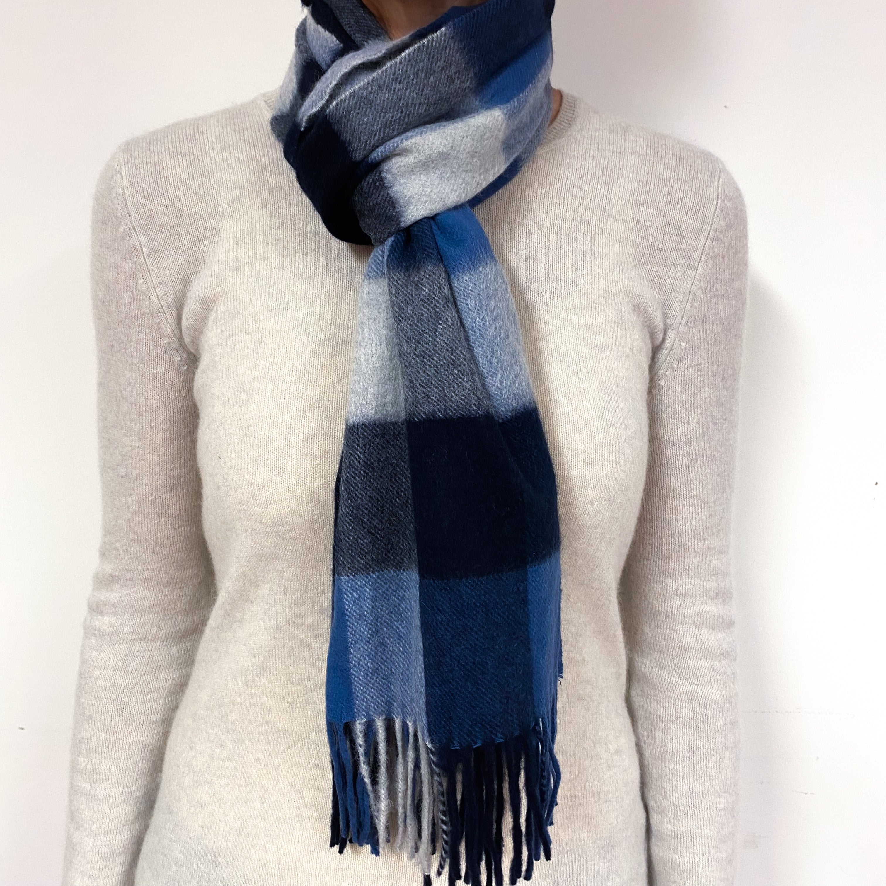 Blue Checked Cashmere Fringed Woven Scarf