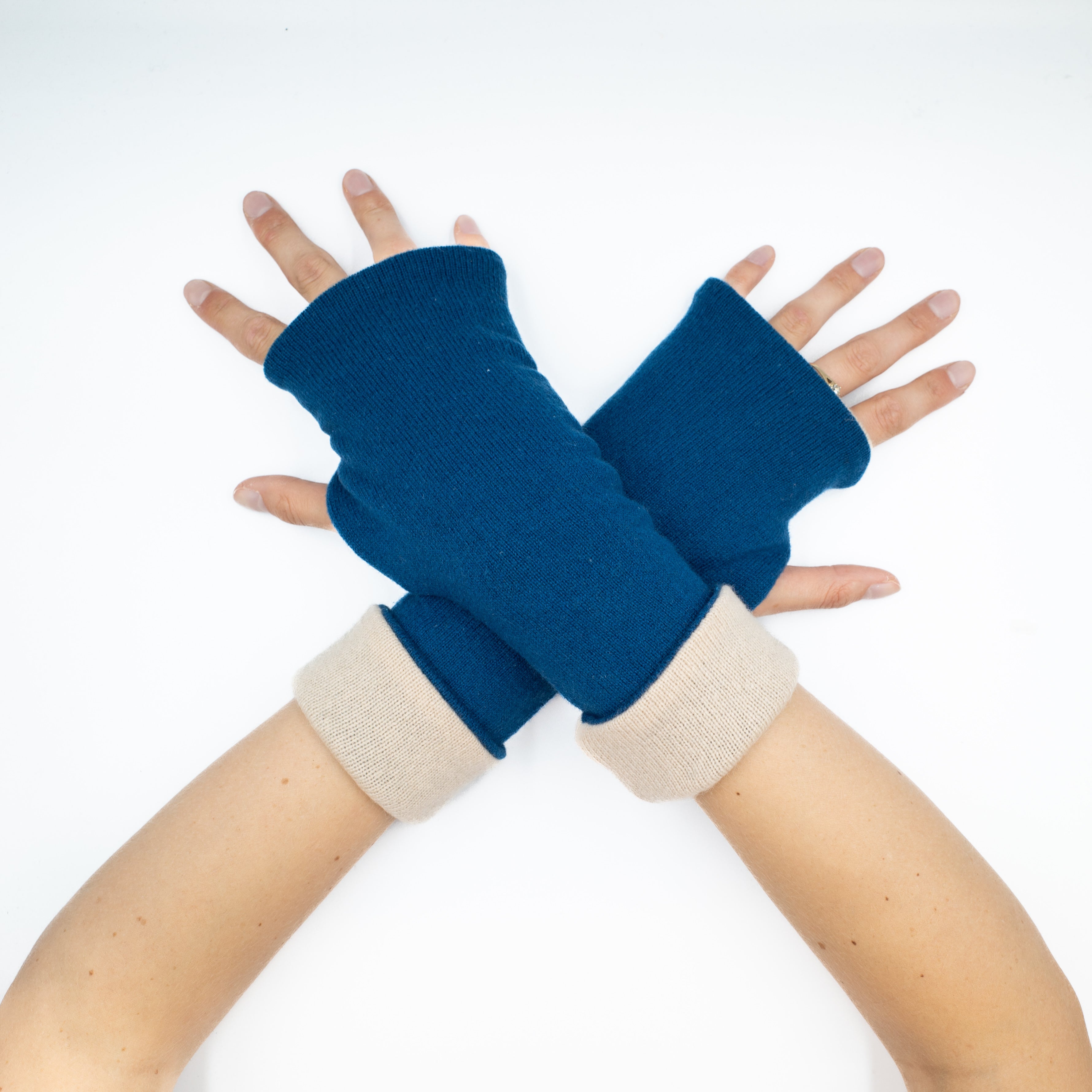 Petrol Blue and Oat Reversible Fingerless Gloves