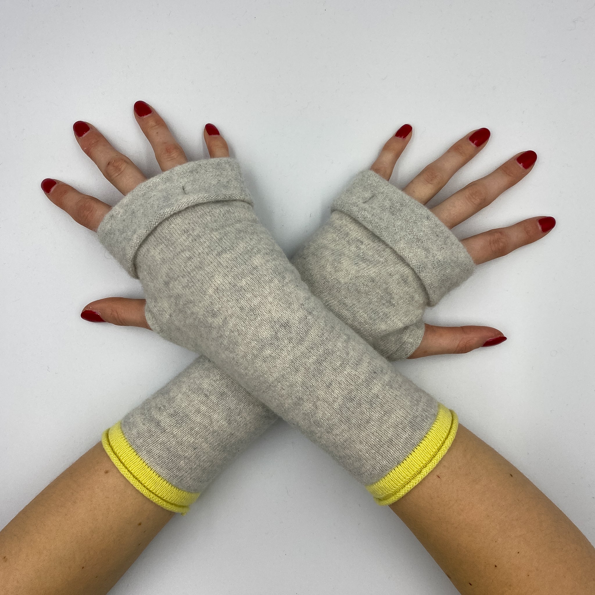 Pale Grey and Yellow Trim Fingerless Gloves