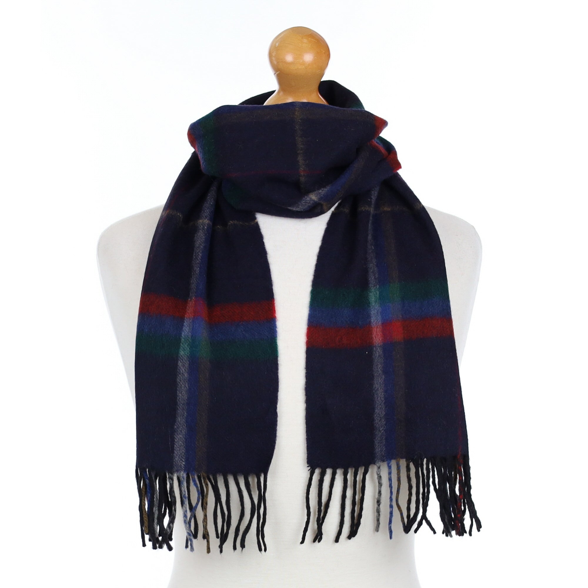 Navy Checked Cashmere Fringed Woven Scarf