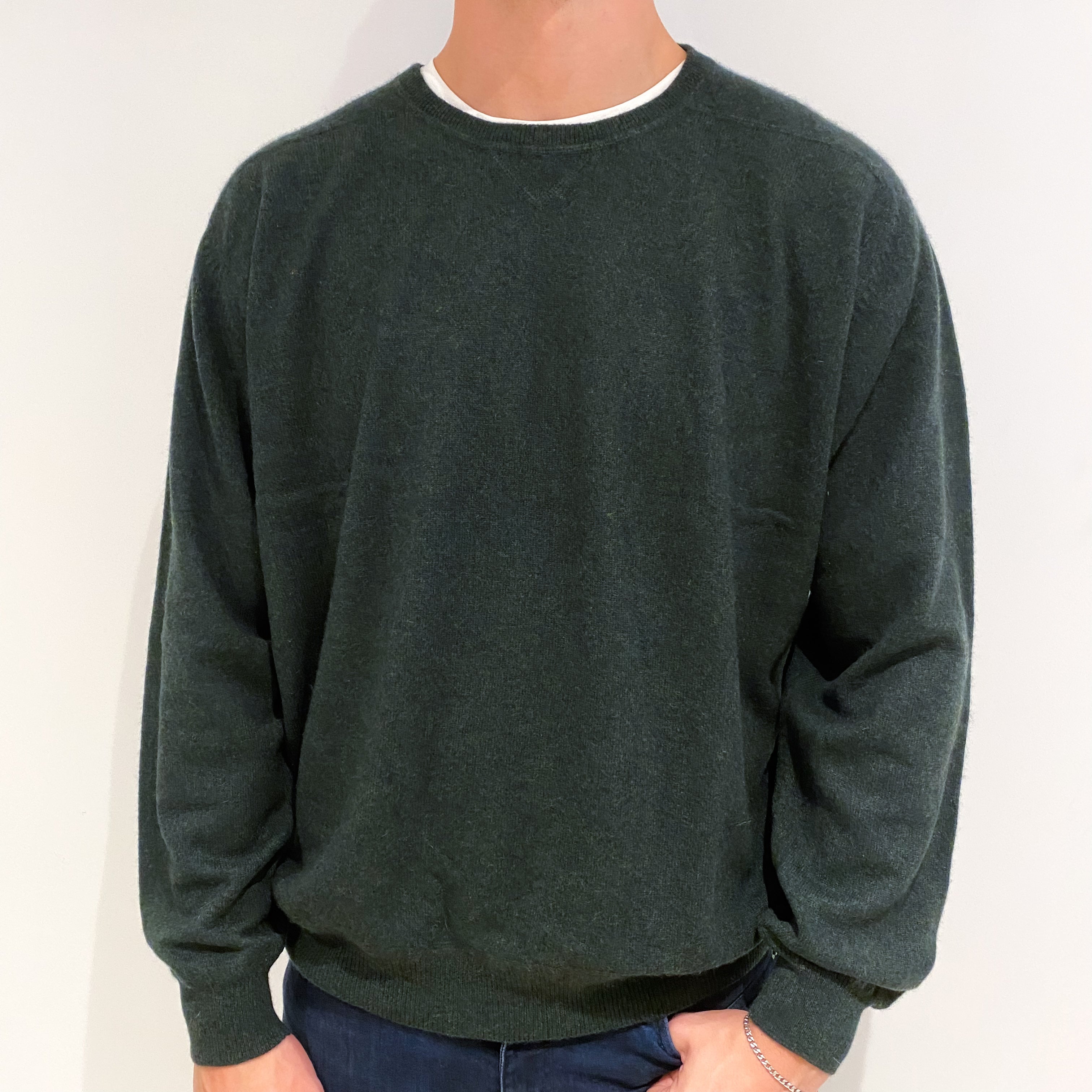 Men's Dark Khaki Green Cashmere Crew Neck Jumper Extra Extra Large