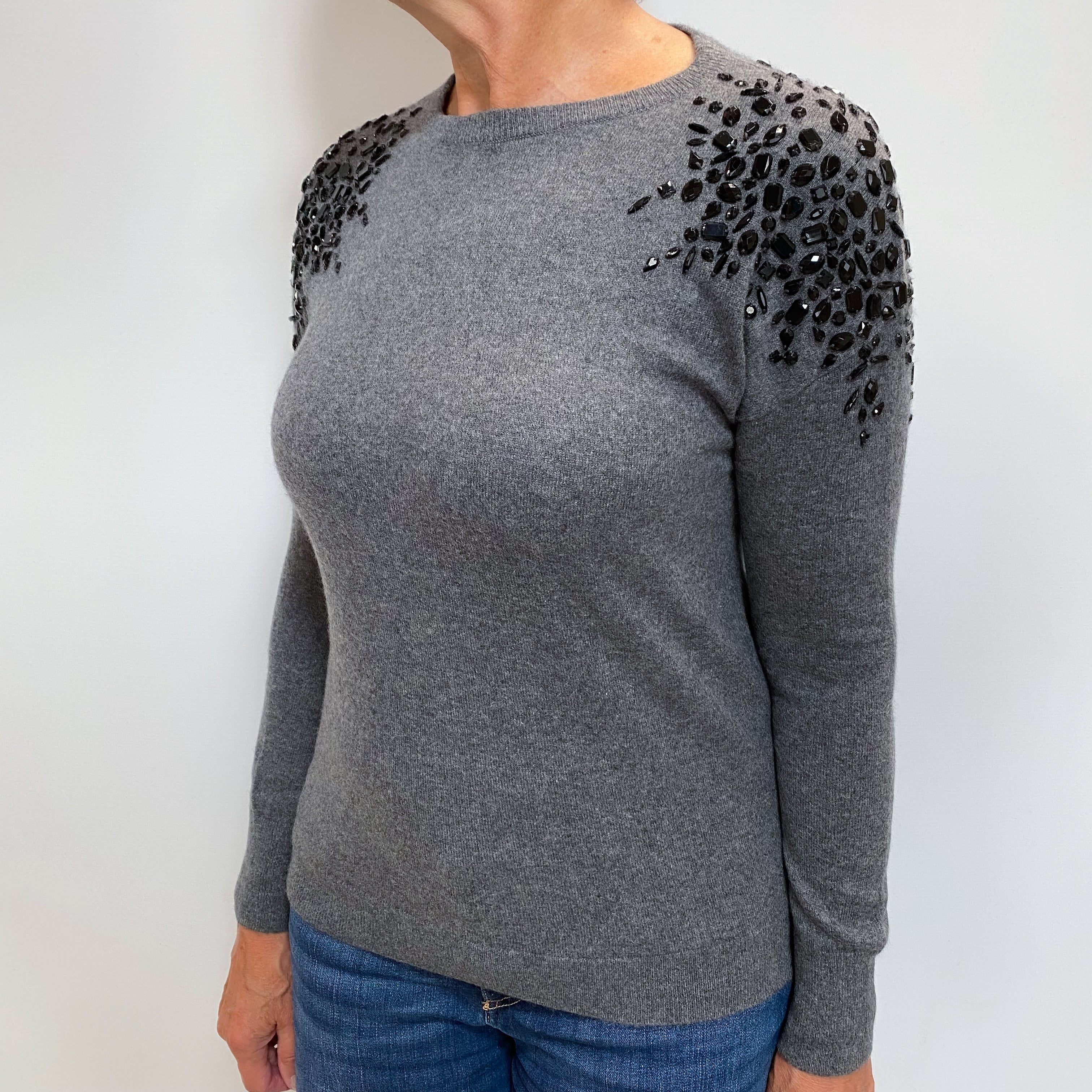 Neiman Marcus Slate Grey Embellished Cashmere Crew Neck Jumper Medium