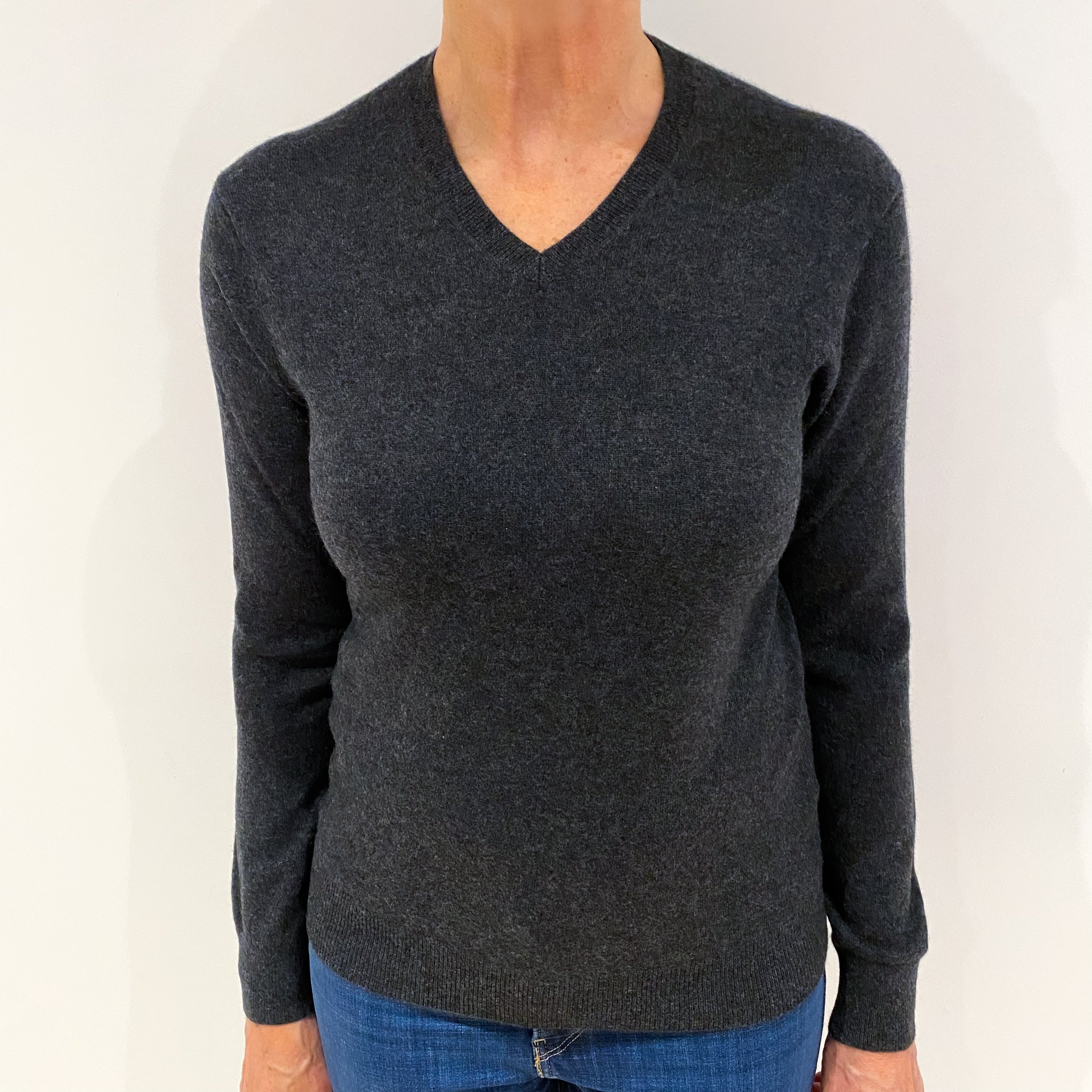 Charcoal Grey Cashmere V Neck Jumper Medium