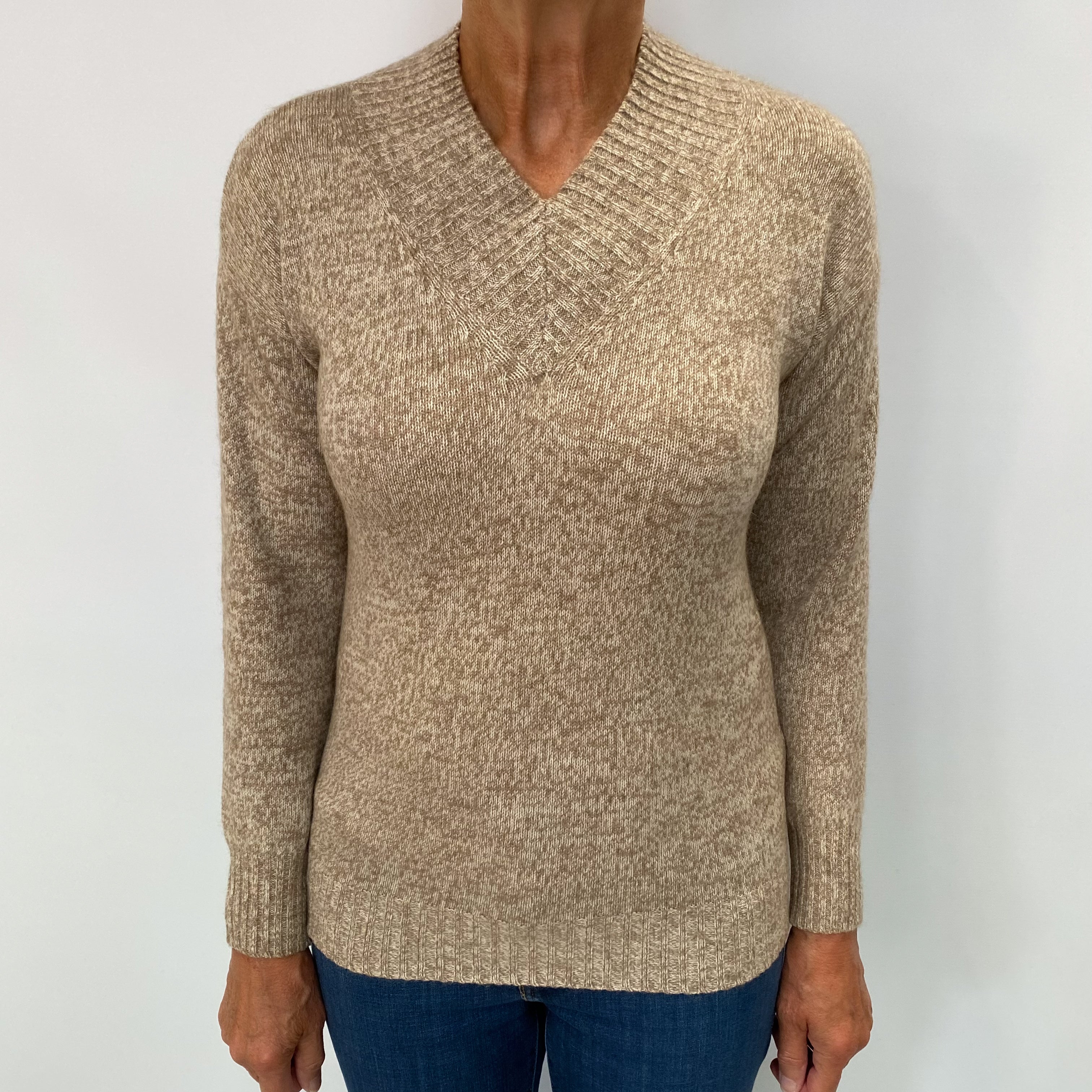 Fawn Beige Marl Cashmere V Neck Jumper Medium