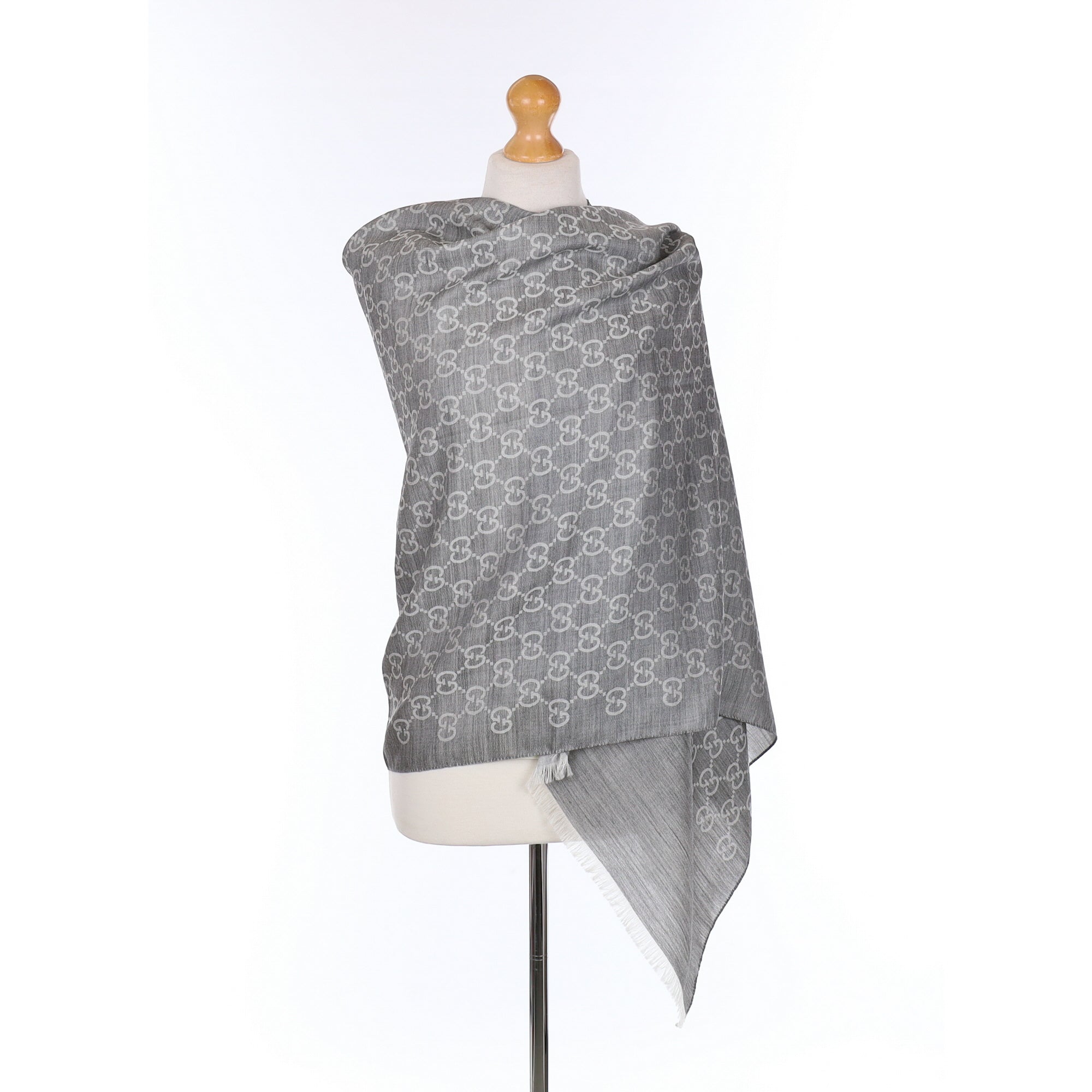 Brand New Gucci Grey Monogram Wool & Silk Wrap