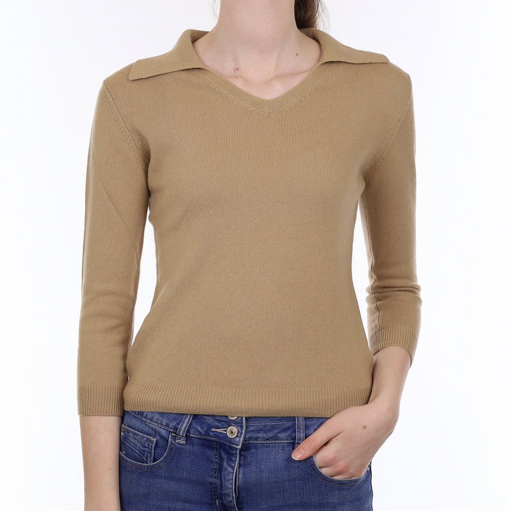 Camel Brown Cashmere Collard V Neck Jumper Extra Small