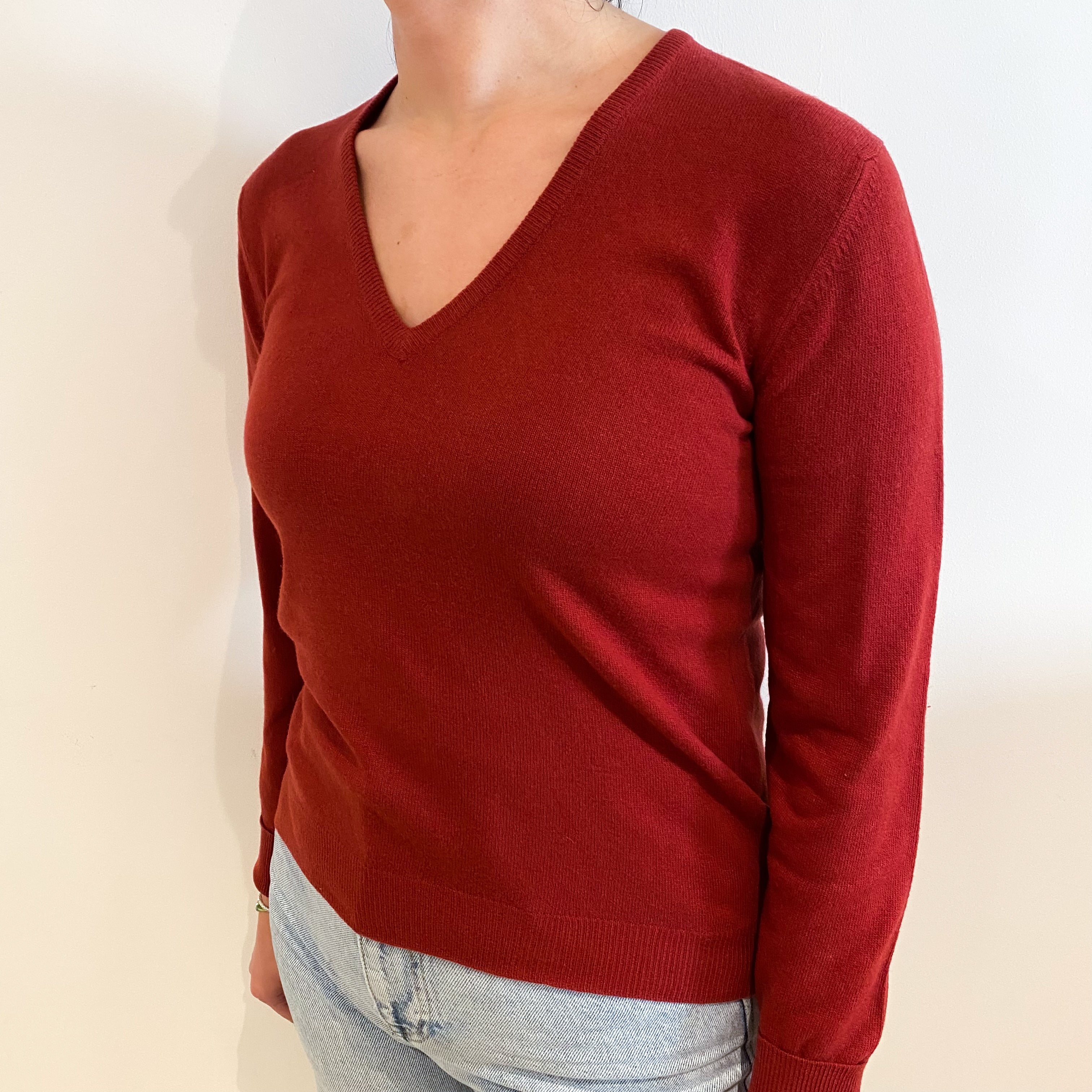Vintage Brick Red V-Neck Jumper Small