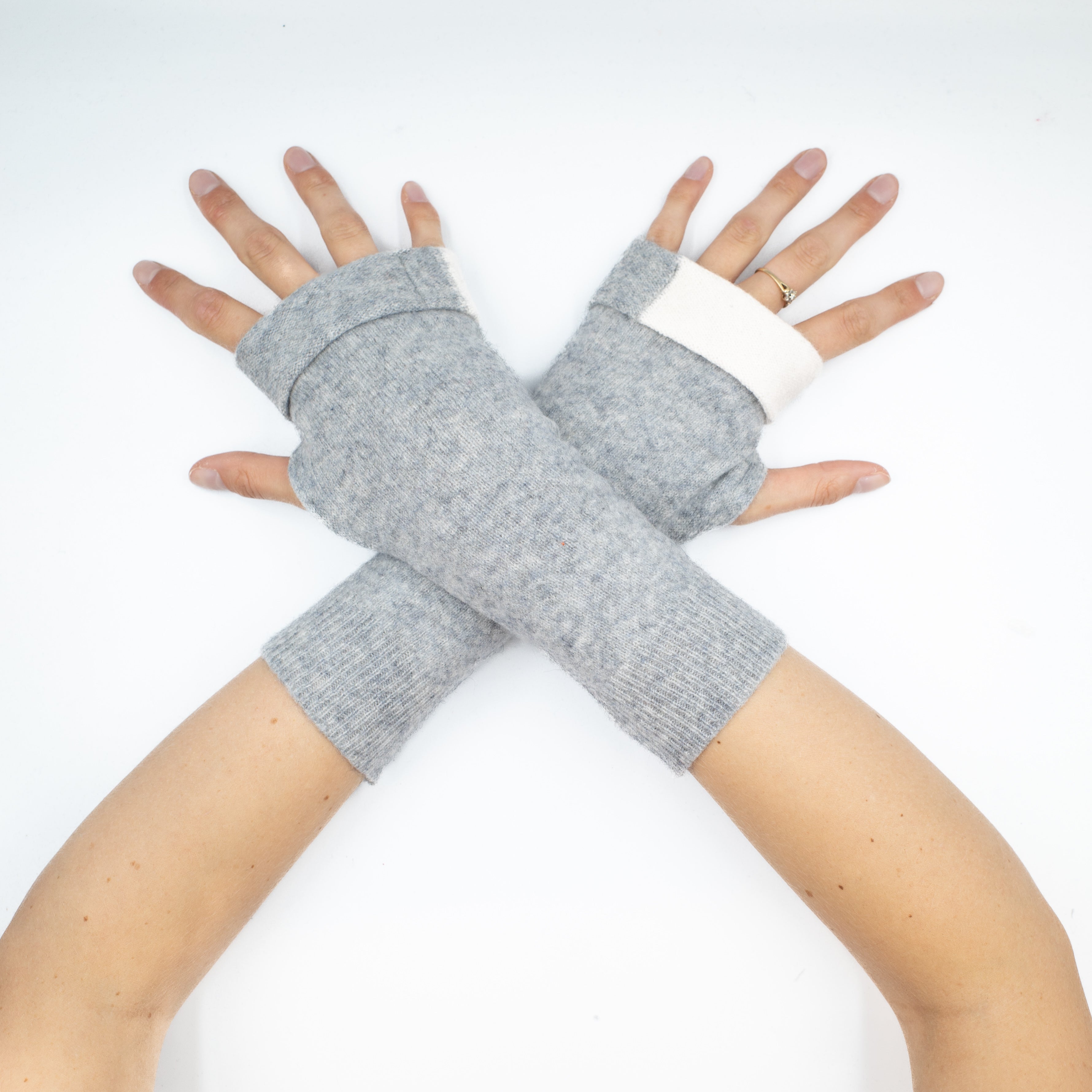 Pale Grey and White Stripe Fingerless Gloves