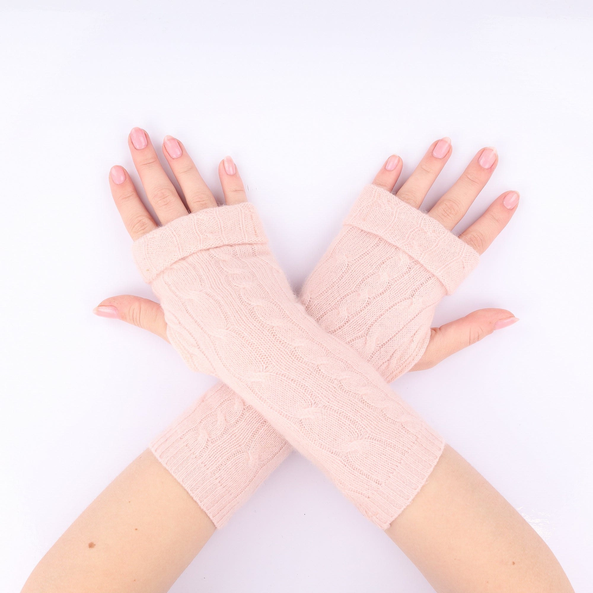 Ice Pink Cable Knit Fingerless Gloves