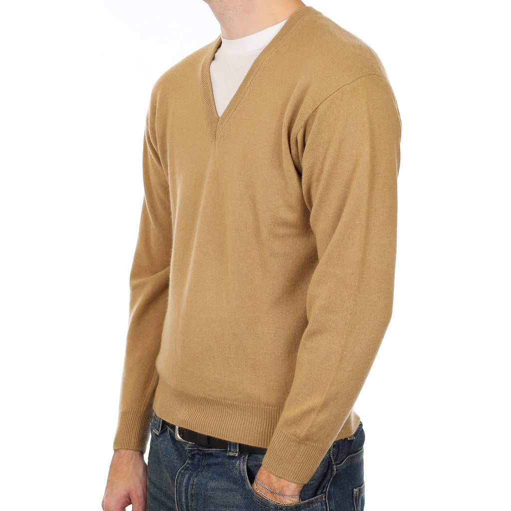 Men’s Camel Brown Cashmere V Neck Jumper Medium