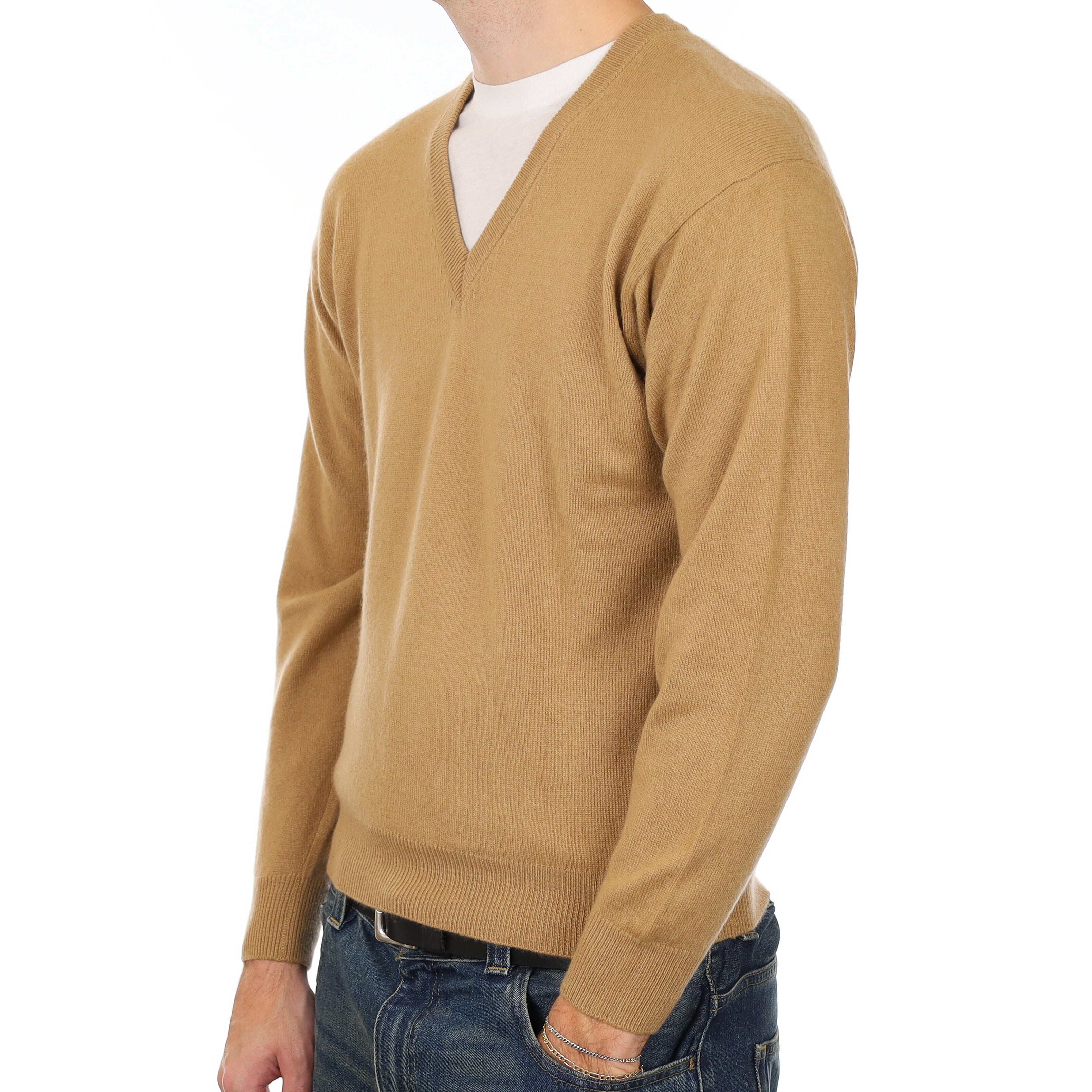 Men’s Camel Brown Cashmere V Neck Jumper Medium