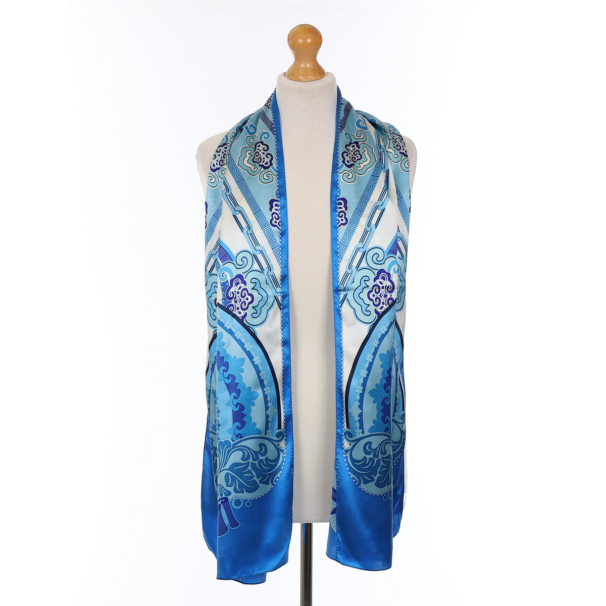Boxed Wensli Blue And White Patterned Silk Scarf