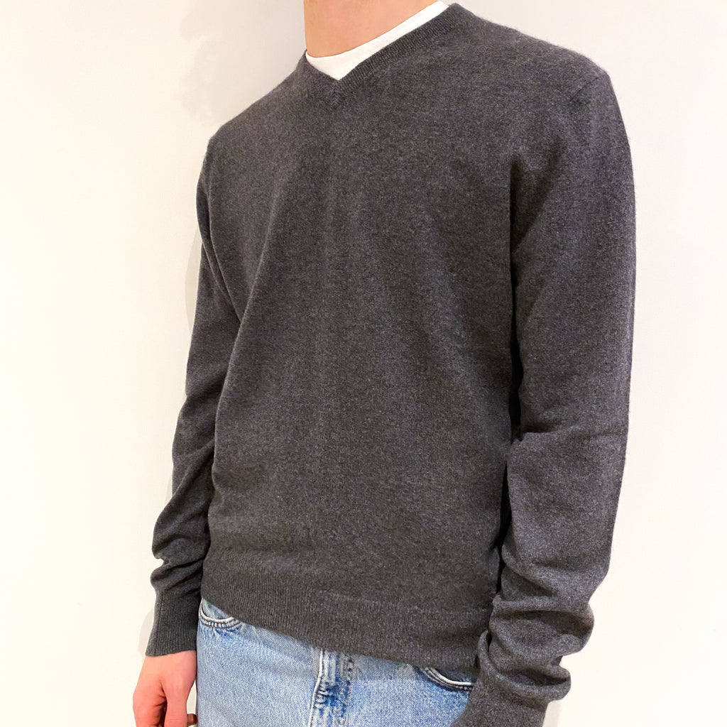 Men's Slate Grey Cashmere V-Neck Jumper Large