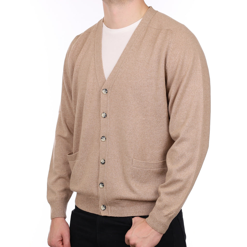 Men’s Fawn Marl Cashmere V Neck Cardigan with Pockets XL