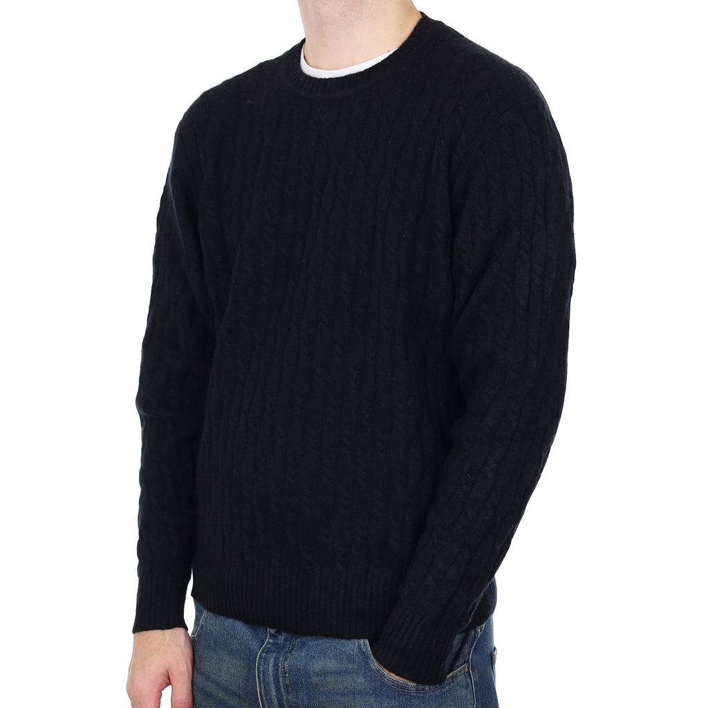 Men’s Chunky Black Cable Cashmere Crew Neck Jumper Large