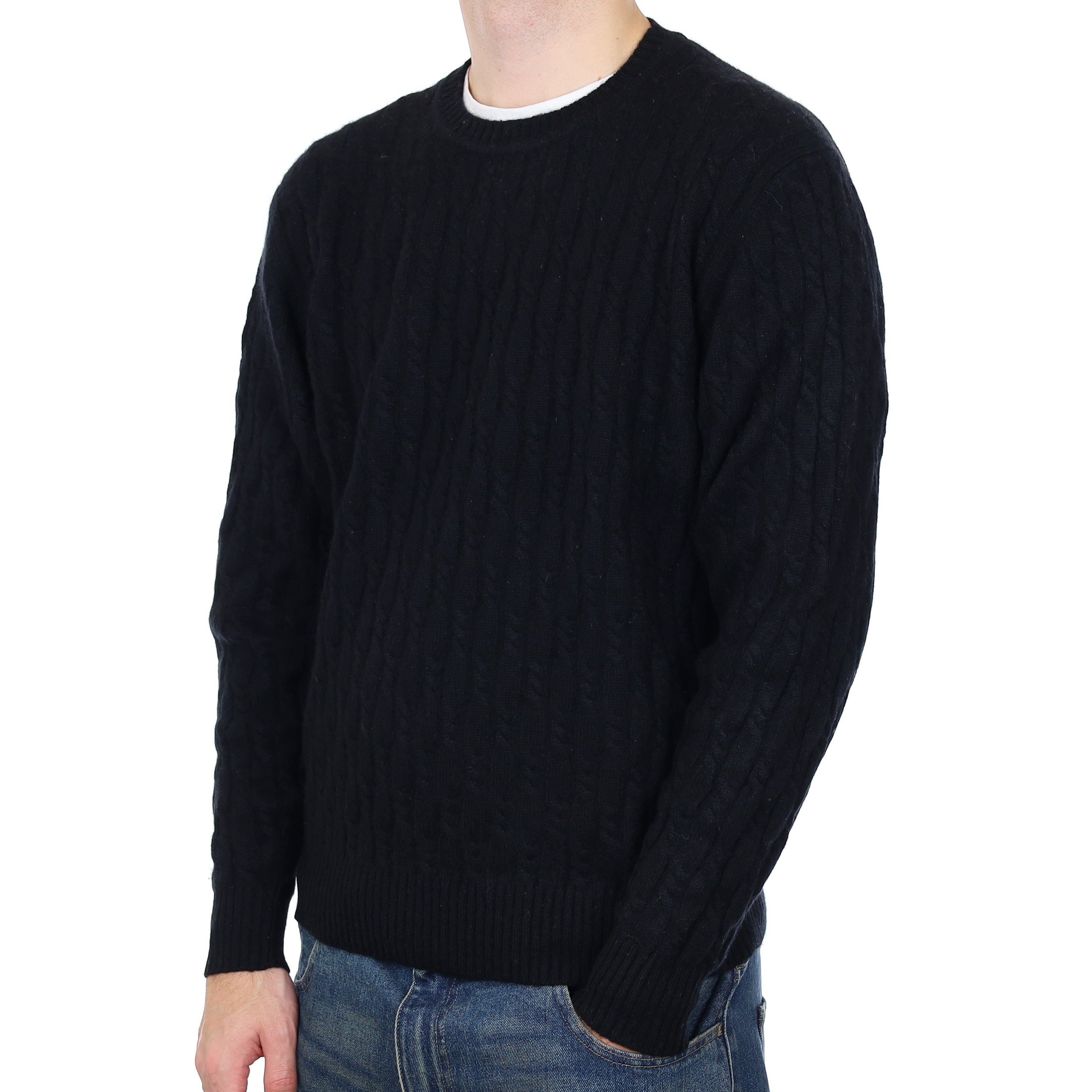 Men’s Chunky Black Cable Cashmere Crew Neck Jumper Large