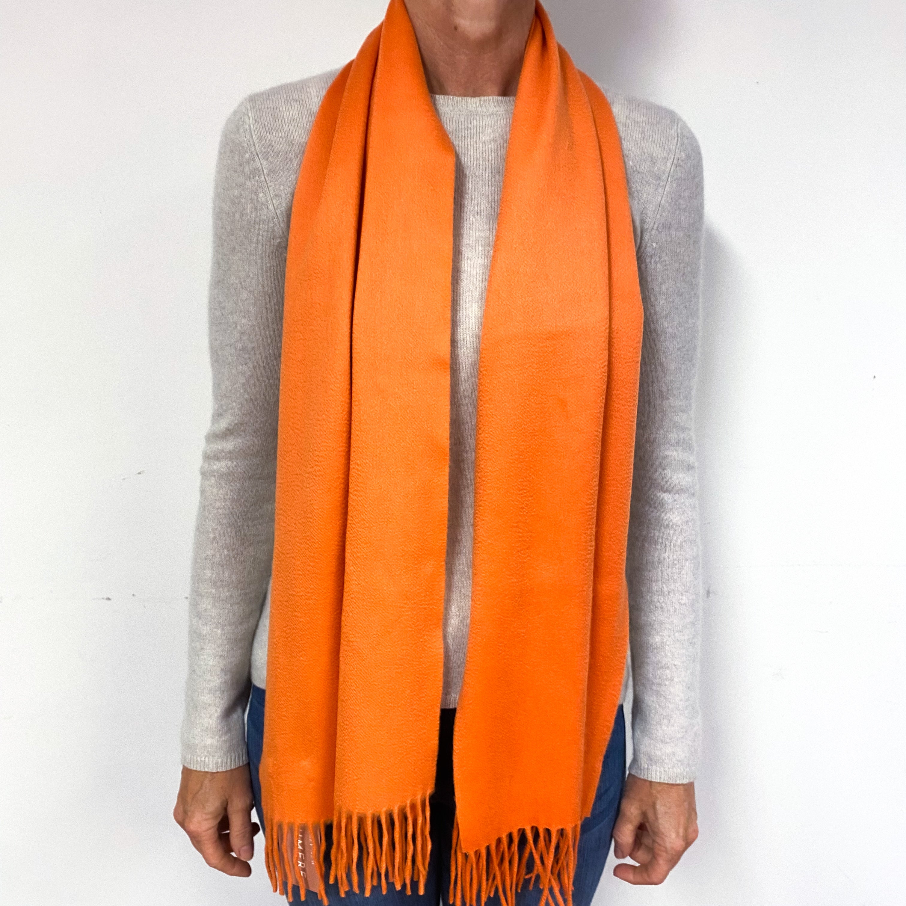 Tangerine Orange Fringed Cashmere Woven Scarf