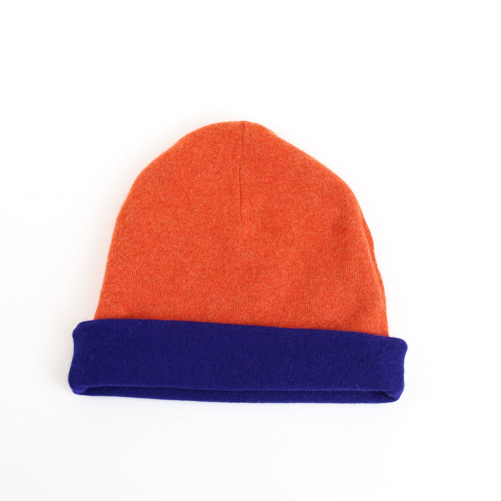 Cobalt Blue and Orange Reversible Cashmere Beanie Hat