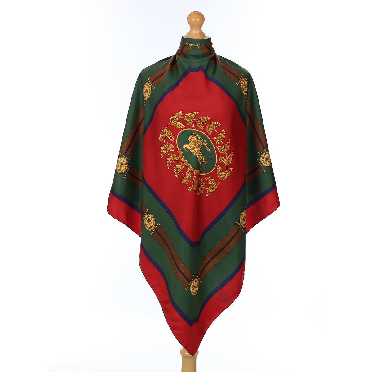 Burberrys Green And Red Logo Vintage Silk Scarf