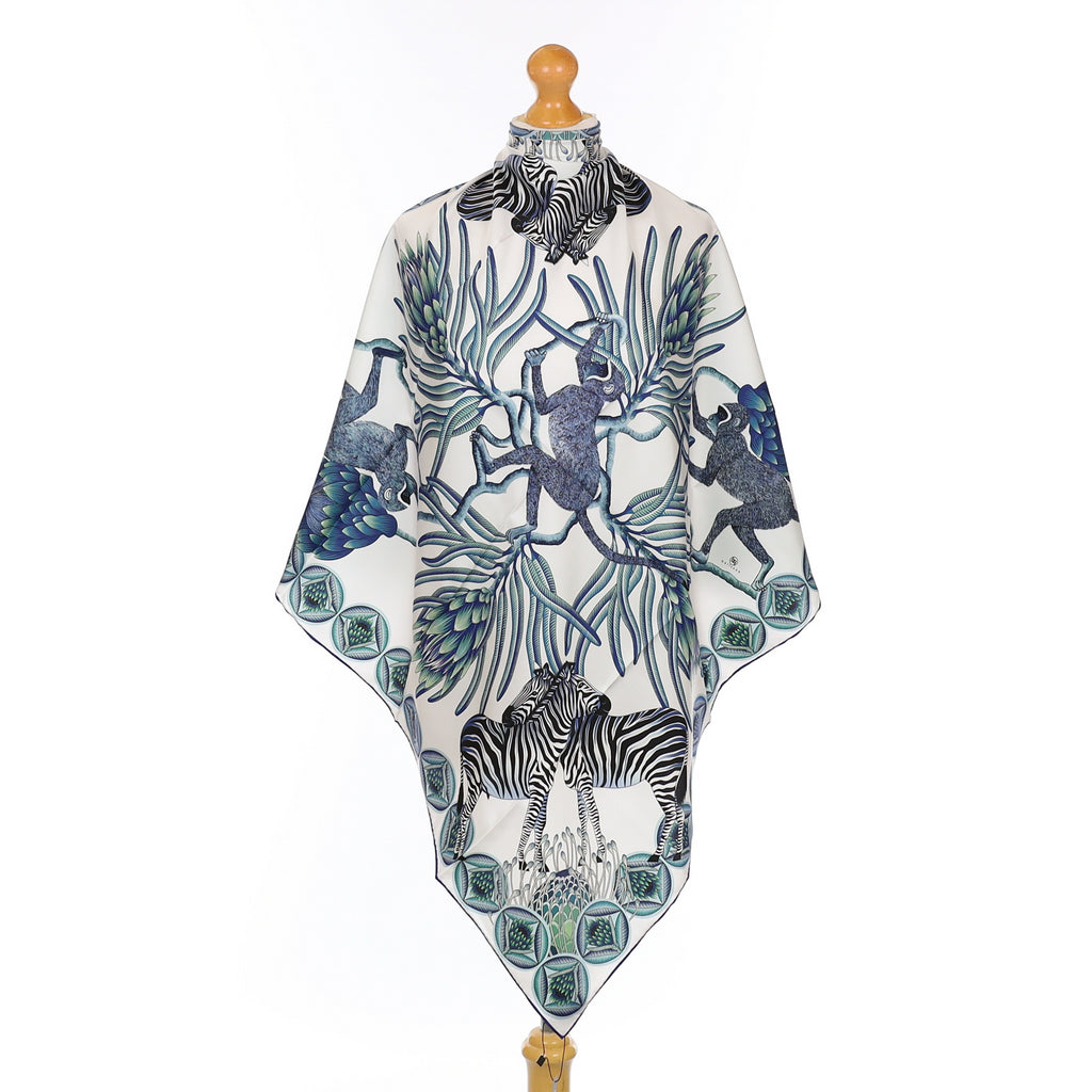 Brand New Bellezza Blue & Green Zebra Safari Double Faced Silk Scarf