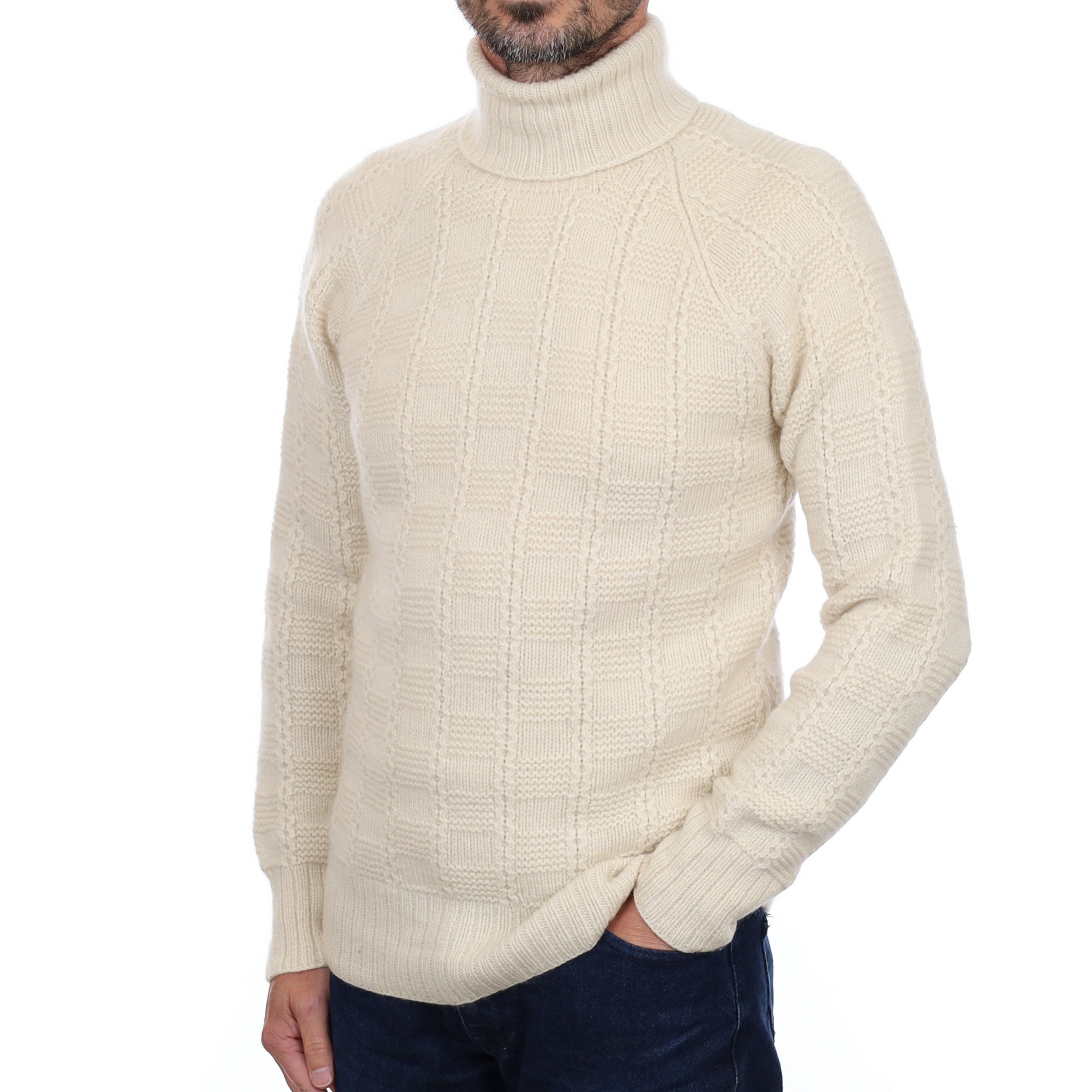 Men’s Cream Chunky Textured Cashmere Polo Neck Jumper Small
