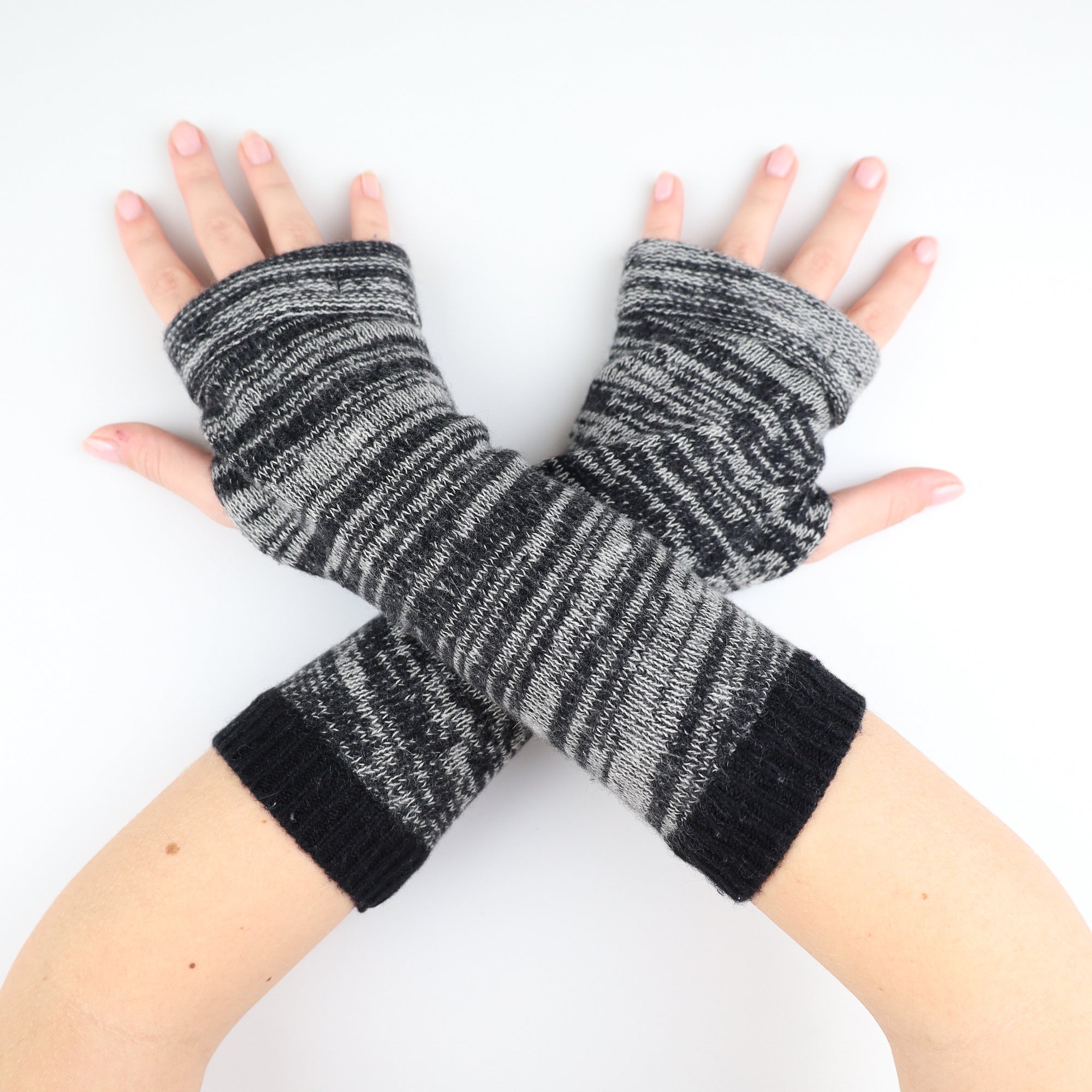 Grey and Black Patterned Fingerless Gloves