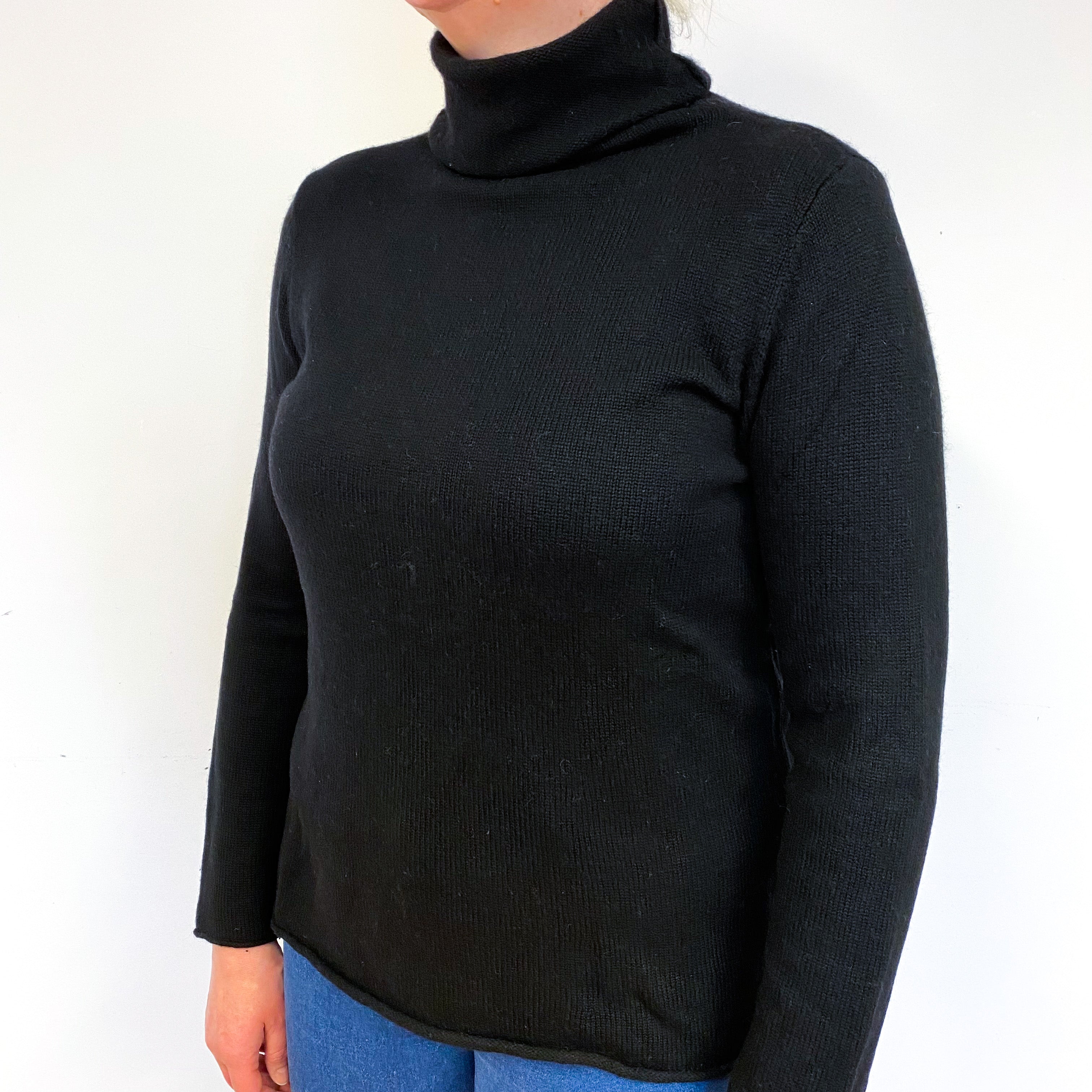Black Heavy Knit Cashmere Polo Neck Jumper Large