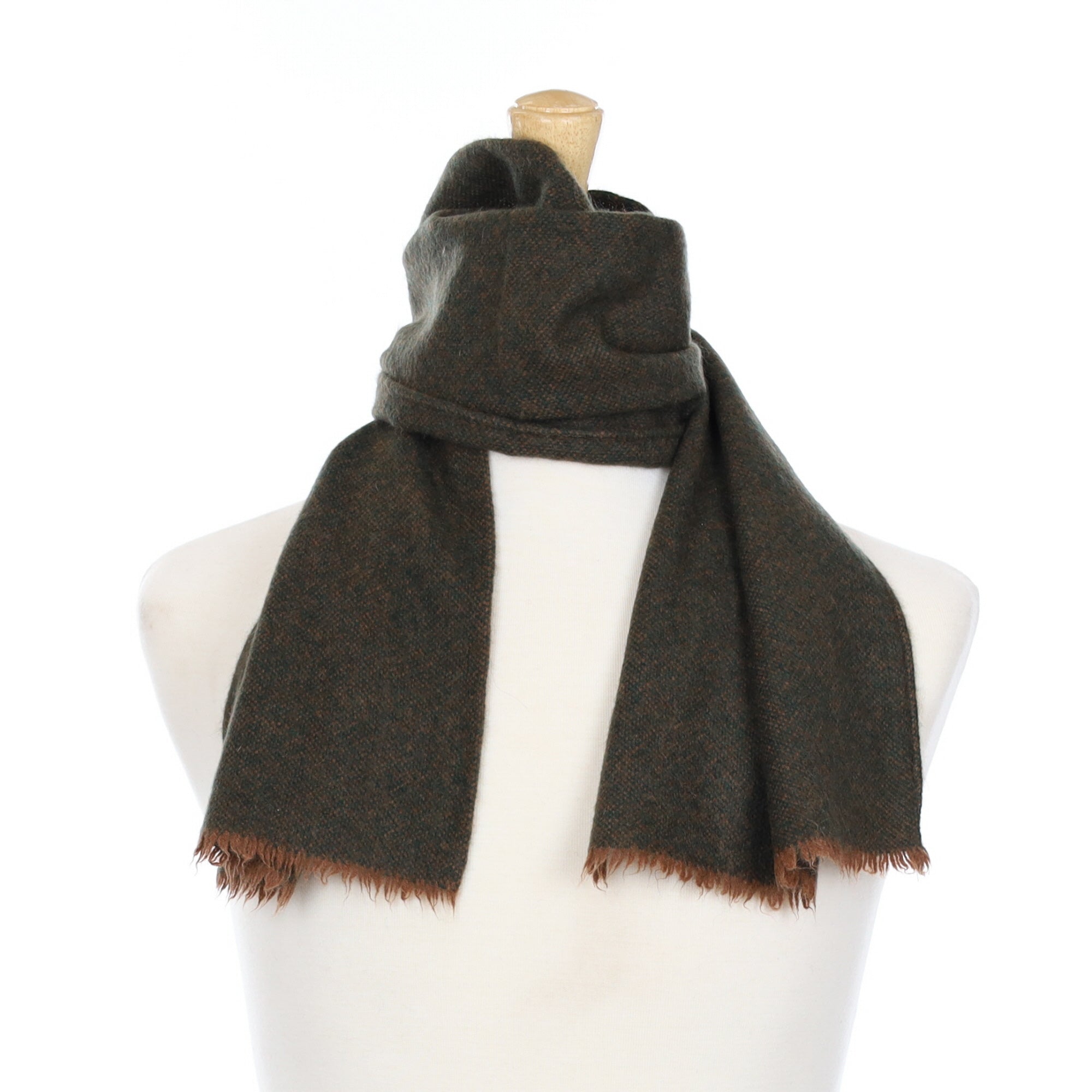 Italian Green and Brown Marl Cashmere Fringed Woven Scarf
