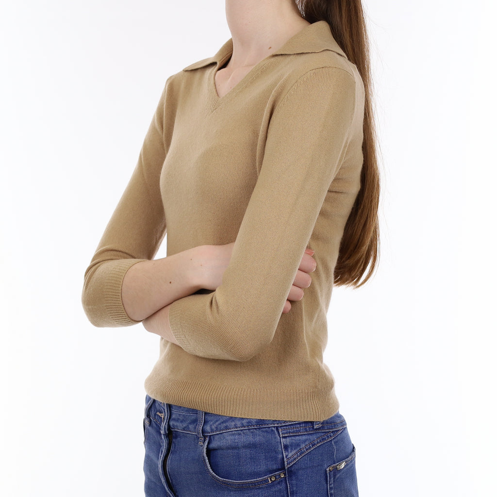 Camel Brown Cashmere Collard V Neck Jumper Extra Small