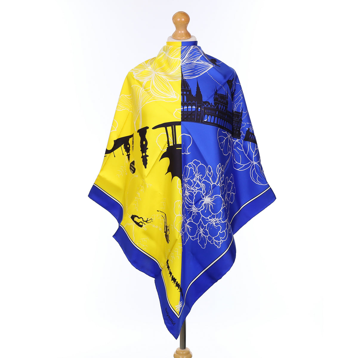 Brand New Boxed Yellow And Cobalt Blue Landmarks Silk Scarf