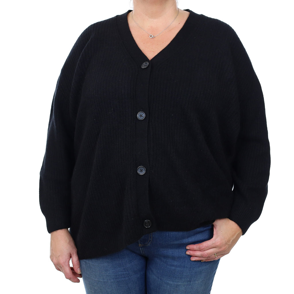 Black Chunky Ribbed Cashmere V Neck Cardigan XL